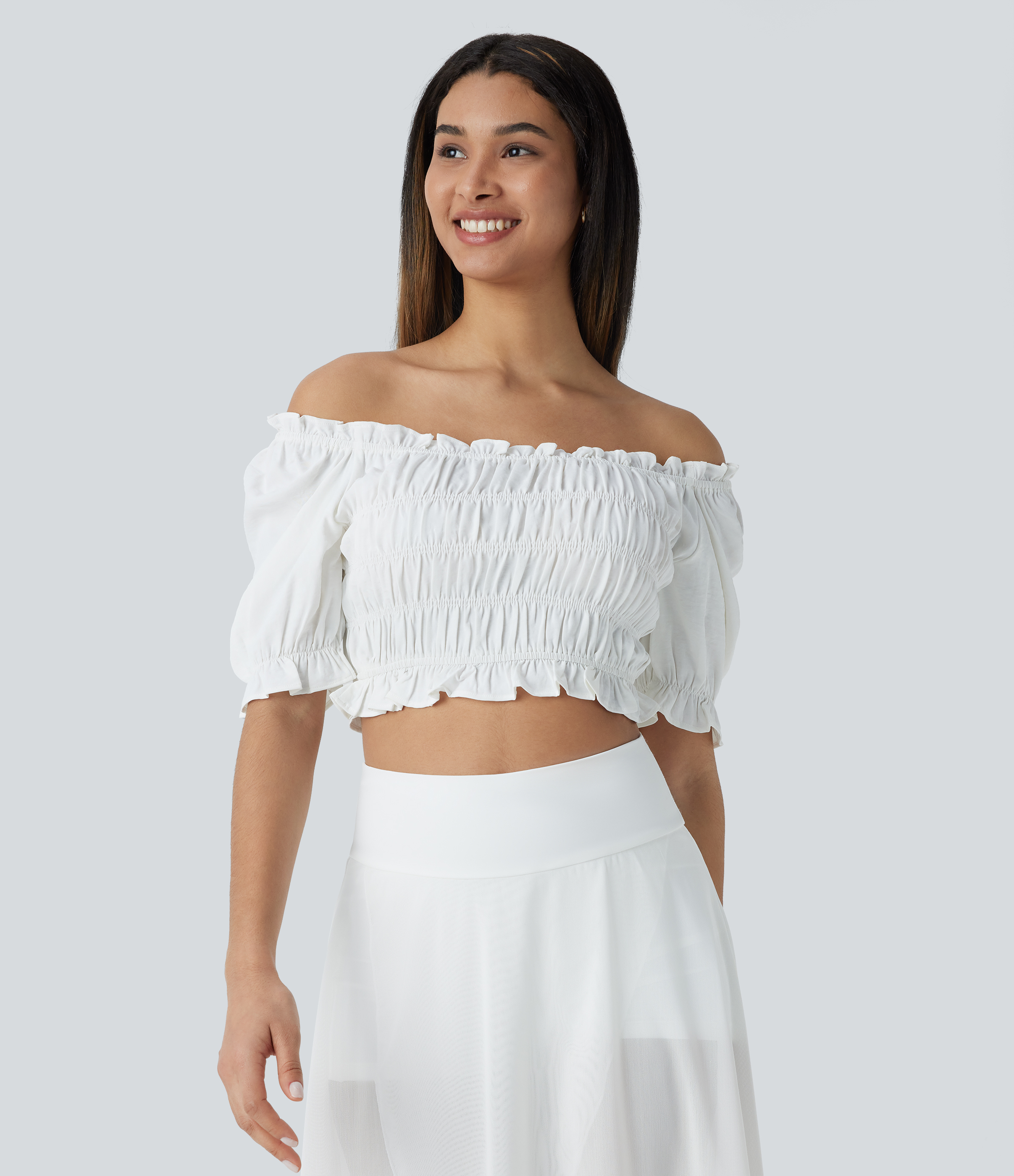 Halara U Neck Puff Sleeve Frill Shirred Cropped Casual Top Tank Top - White - XL golf tops halter top tunic tops sleeveless tops backless top 