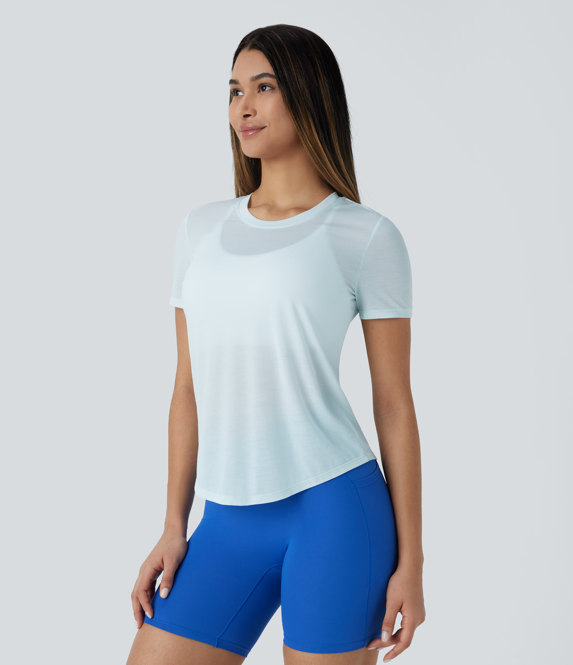 Halara Round Neck Curved Hem Quick Dry Yoga Sports Top  - Frosty Sky Blue - XS 