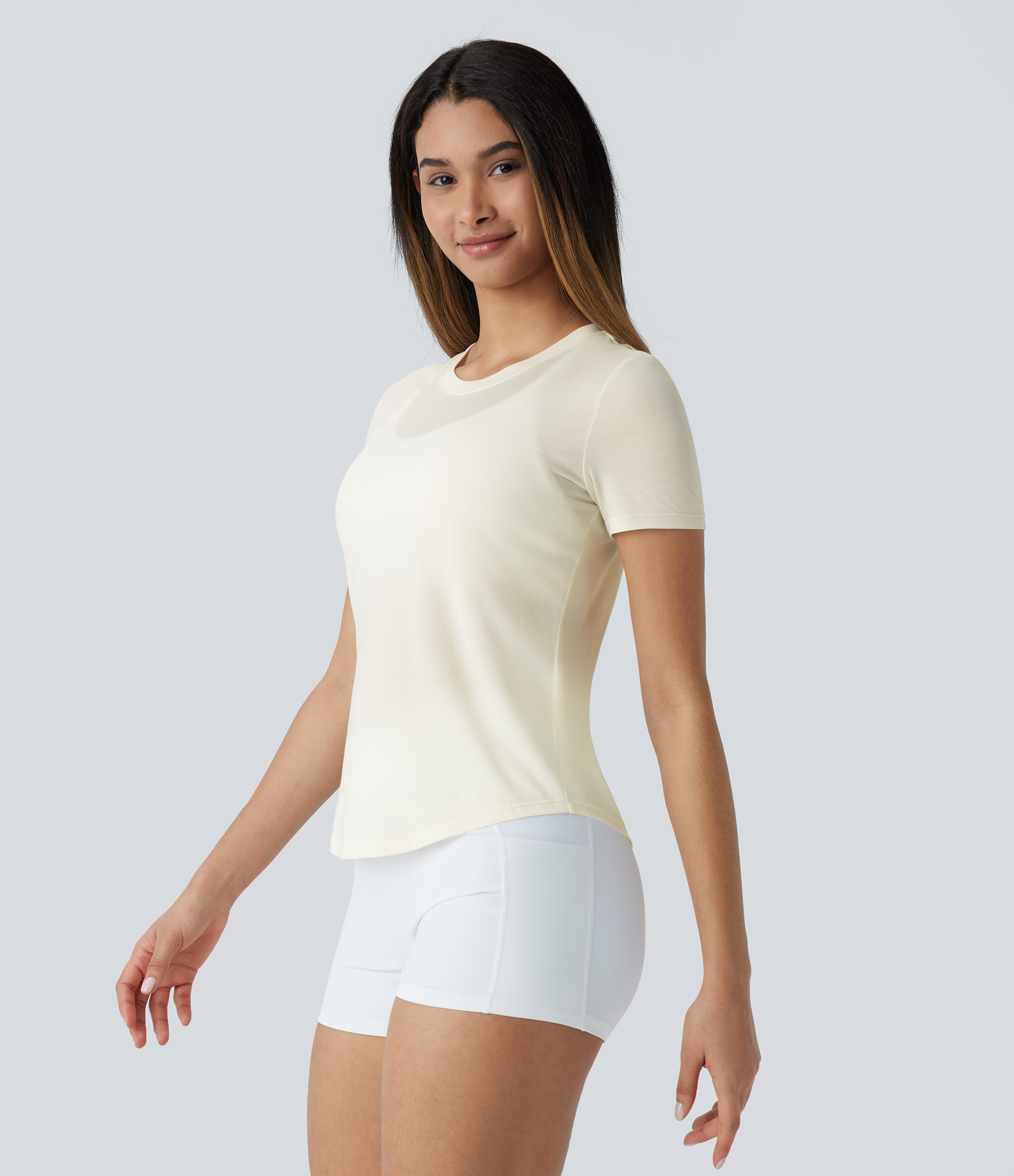 Halara Round Neck Curved Hem Quick Dry Yoga Sports Top  - Tofu - XL 