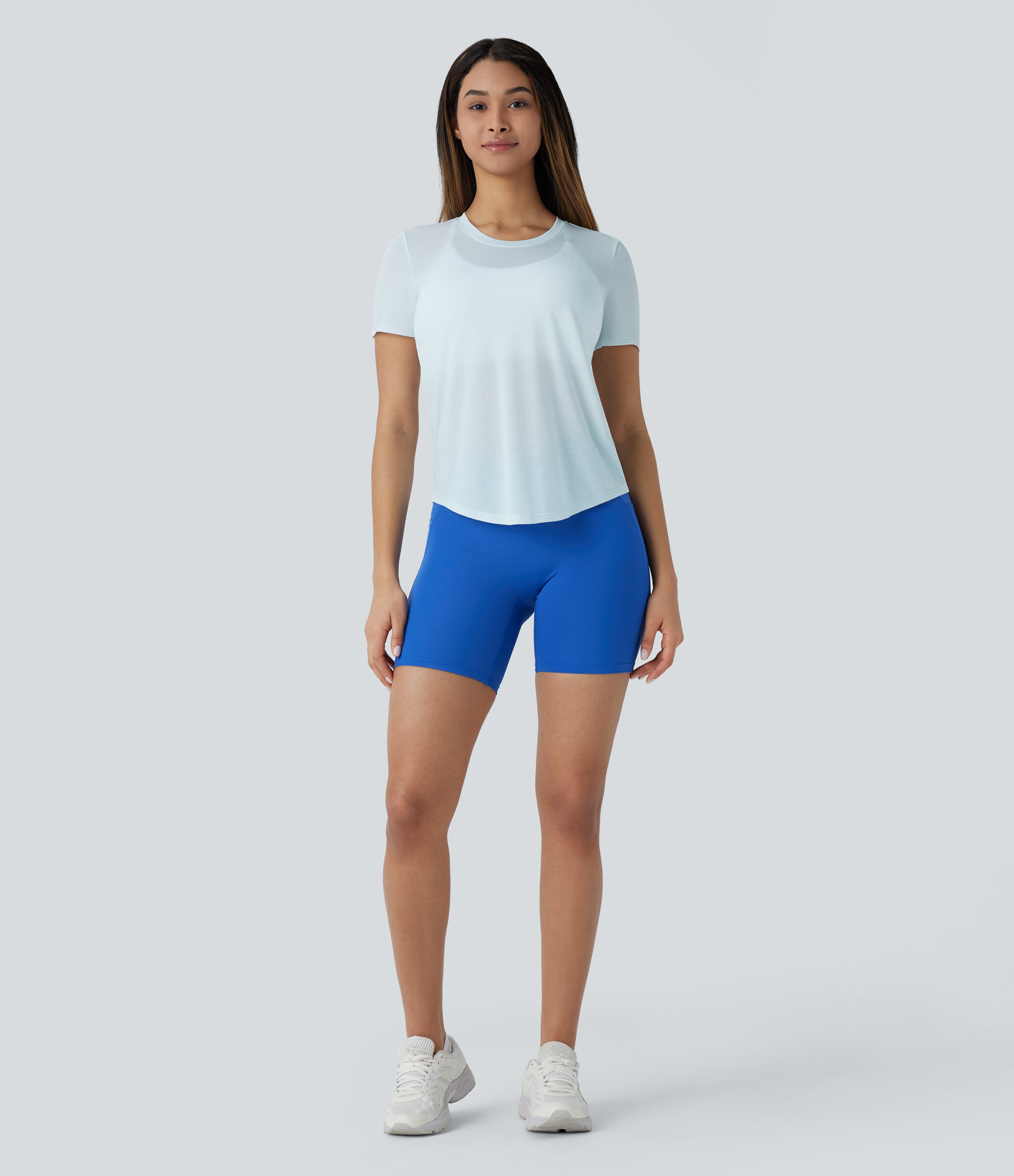 Halara Round Neck Curved Hem Quick Dry Yoga Sports Top  - Frosty Sky Blue - XS 