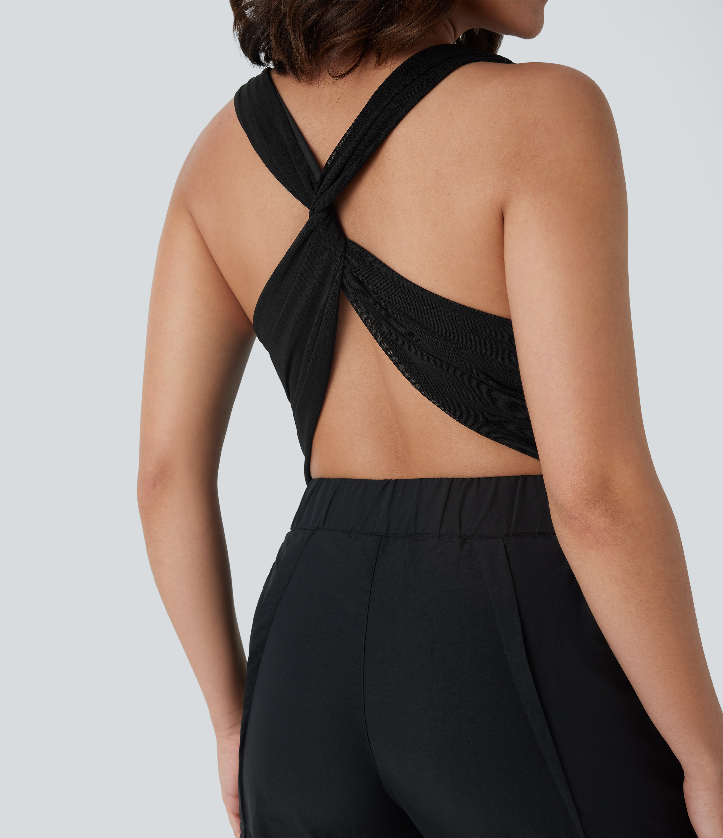 Halara Cowl Neck Ruched Backless Twisted Cropped Resort Top Tank Top - Black - XS golf tops halter top tunic tops sleeveless tops 