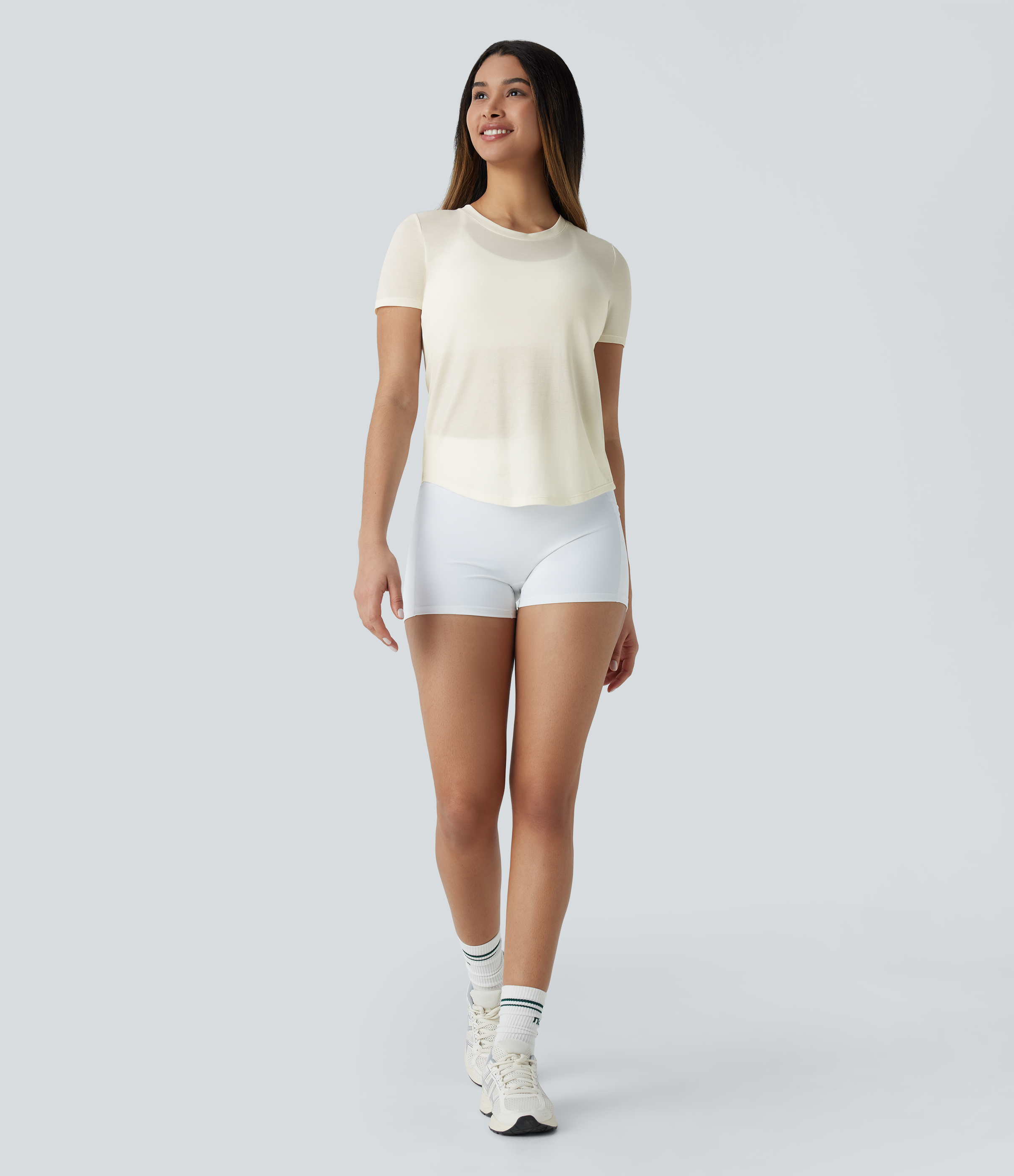 Halara Round Neck Curved Hem Quick Dry Yoga Sports Top  - Tofu - XL 