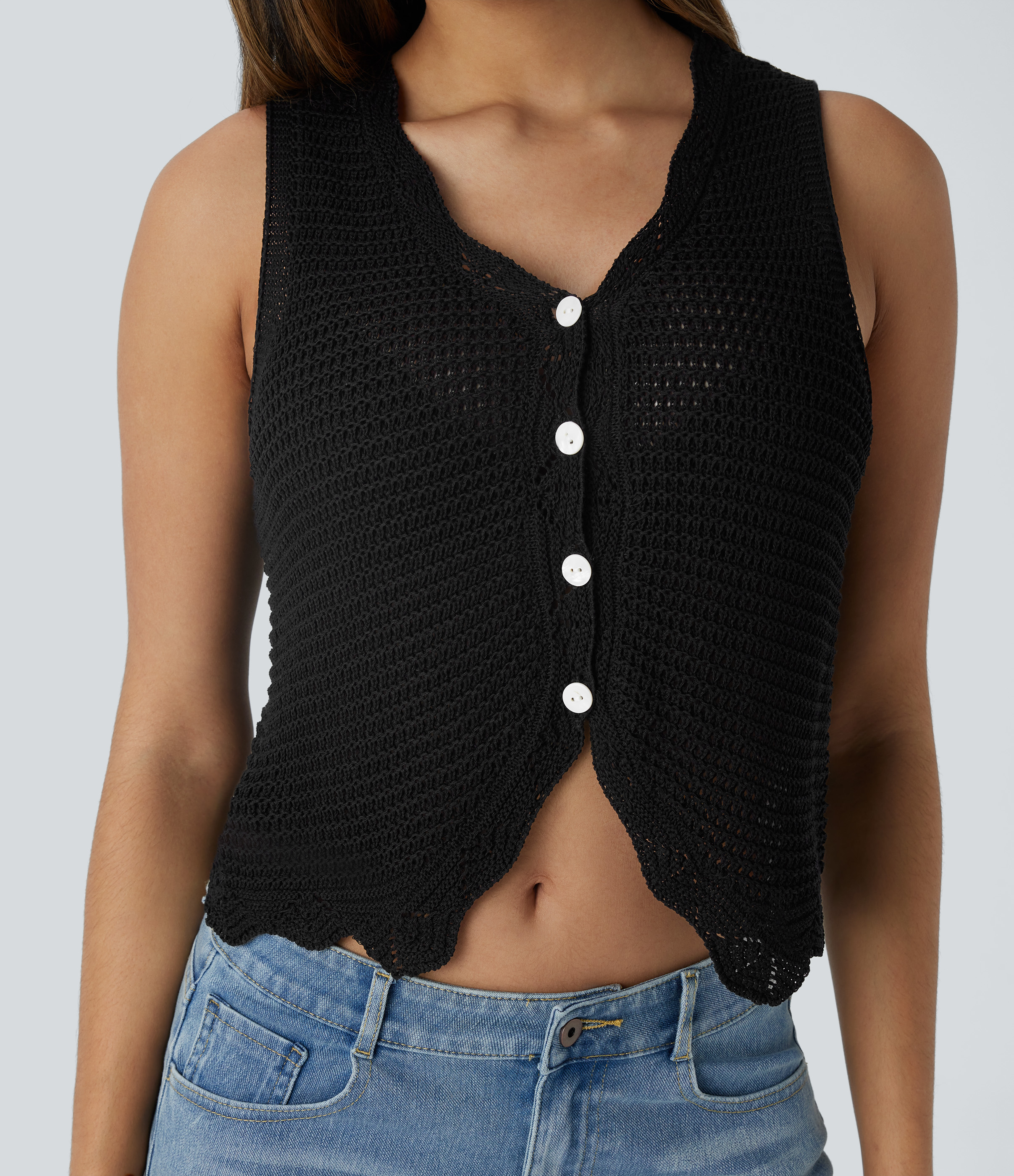 Halara V Neck Button Front Cut Out Resort Sweater Vest  - Black - S 