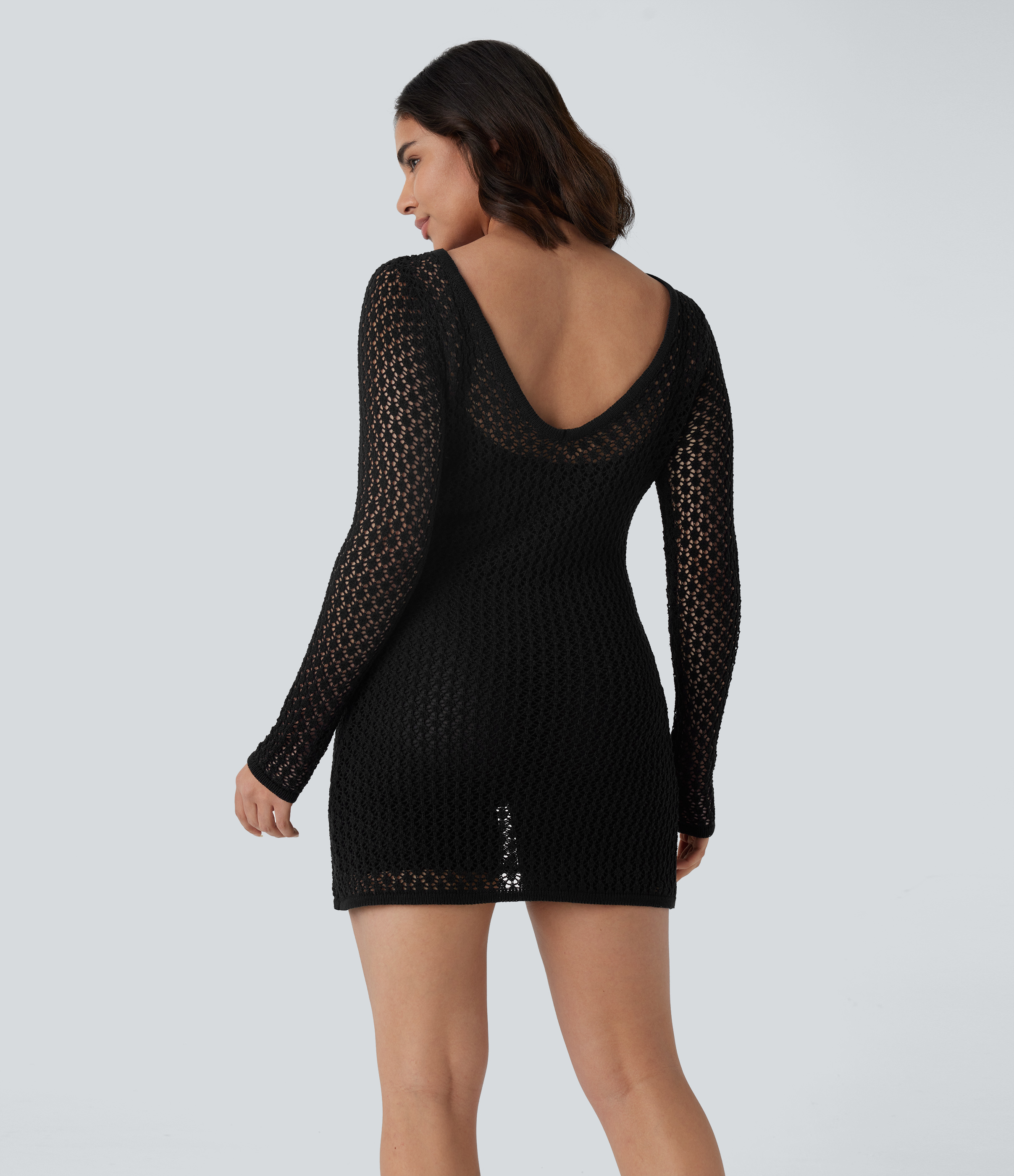 Halara Backless Long Sleeve Slim Mini Crochet Knit Resort Dress  - Black - XL 