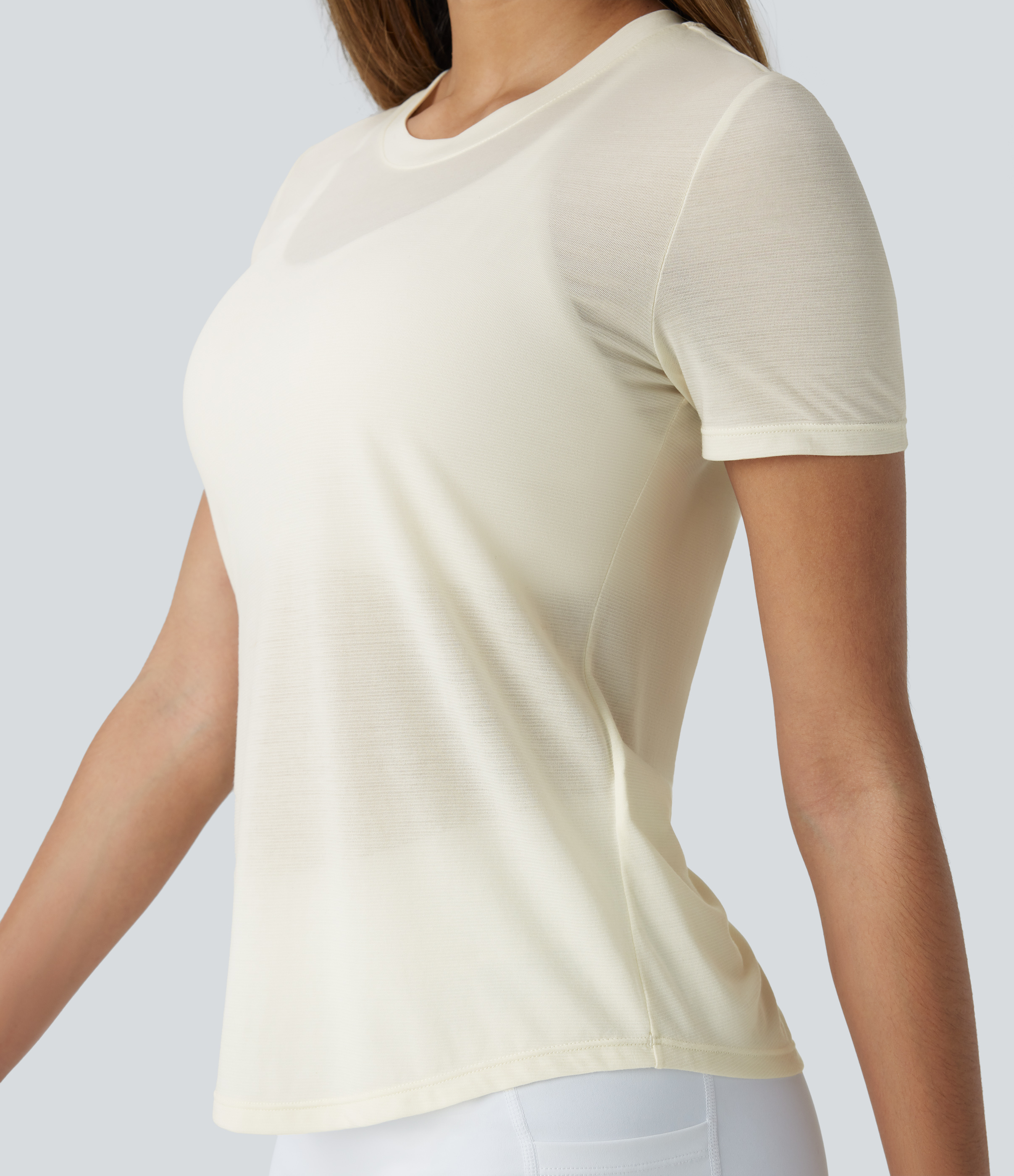 Halara Round Neck Curved Hem Quick Dry Yoga Sports Top  - Tofu - XL 