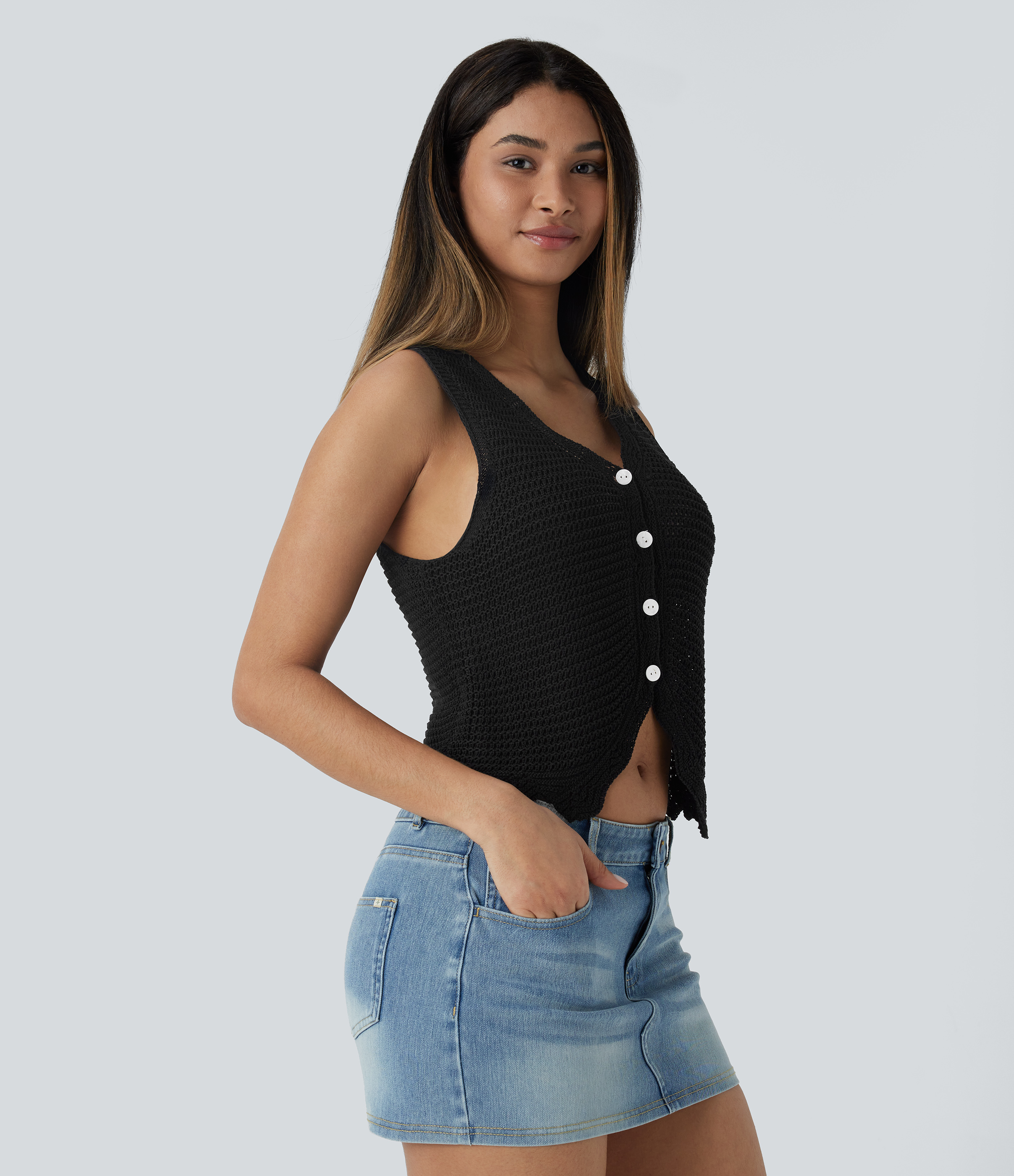 Halara V Neck Button Front Cut Out Resort Sweater Vest  - Black - S 