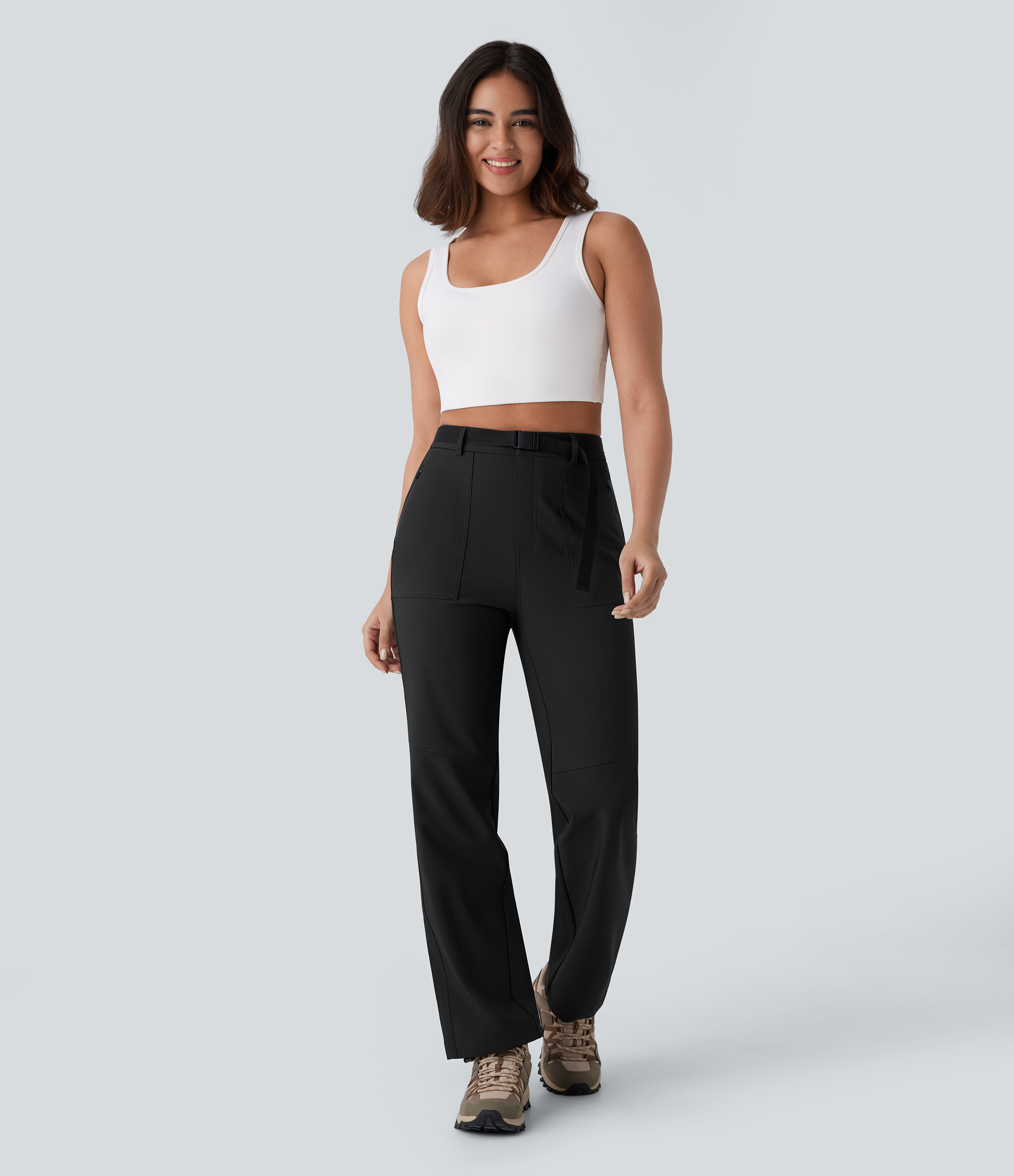 Halara Water Repellent High Waisted Belted Side Zip Pocket Straight Leg Adjustable Drawcord Hiking Pants  - Black - L(regular) 