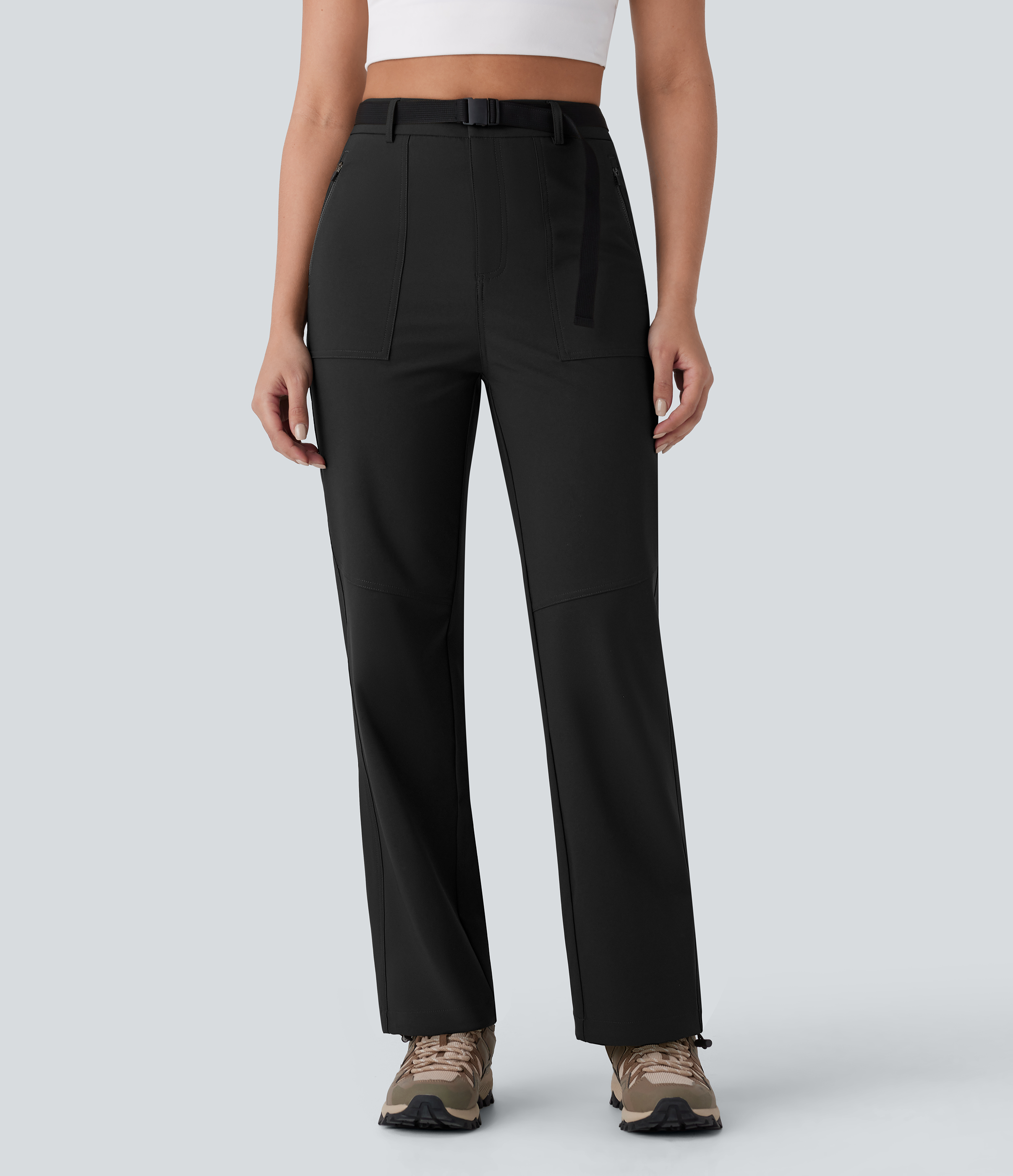 Halara Water Repellent High Waisted Belted Side Zip Pocket Straight Leg Adjustable Drawcord Hiking Pants  - Black - L(regular) 