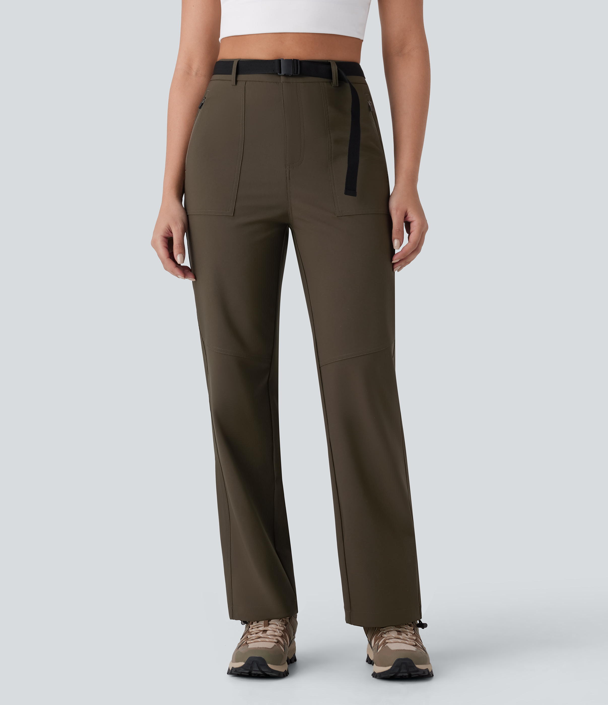 Halara Water Repellent High Waisted Belted Side Zip Pocket Straight Leg Adjustable Drawcord Hiking Pants  - Deep Sage - XL(regular) 