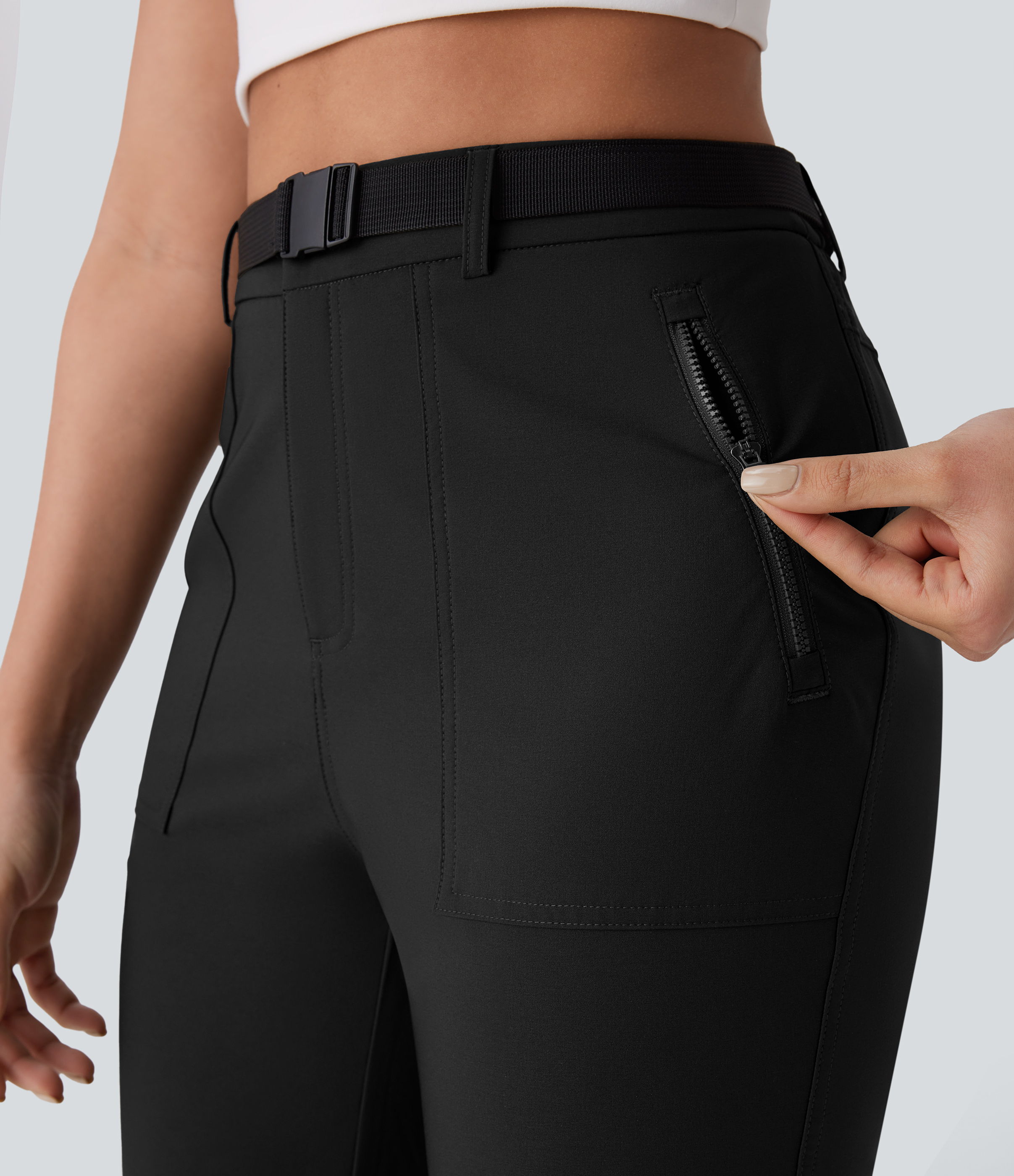 Halara Water Repellent High Waisted Belted Side Zip Pocket Straight Leg Adjustable Drawcord Hiking Pants  - Black - L(regular) 