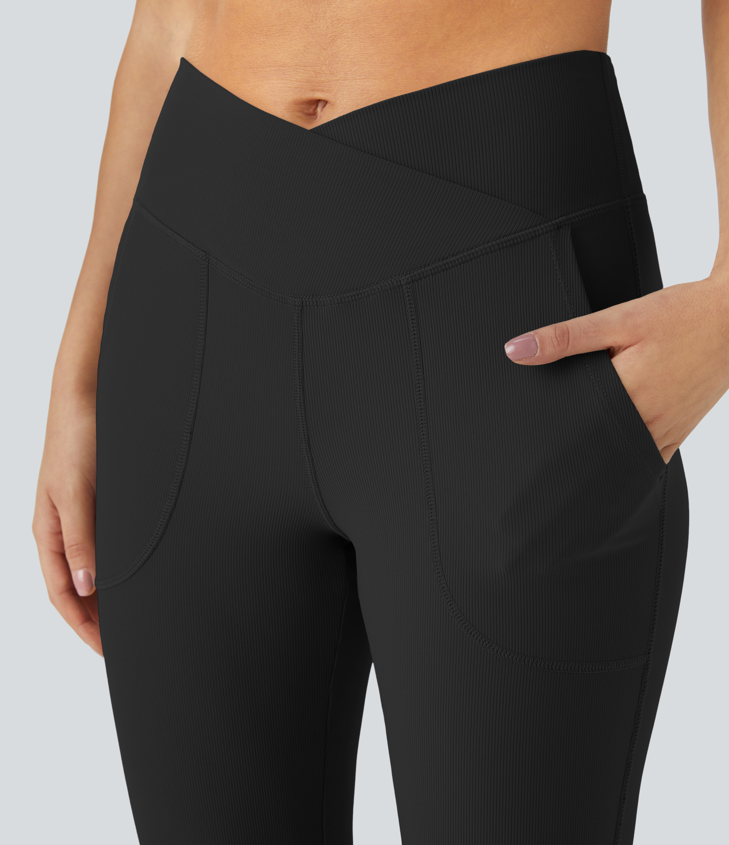 Halara PatitoffВ® Flow Pet Hair Resistant Crossover Pocket Split Hem Yoga Flare Leggings-Smile  - Black - M gym leggings leggings with pockets 