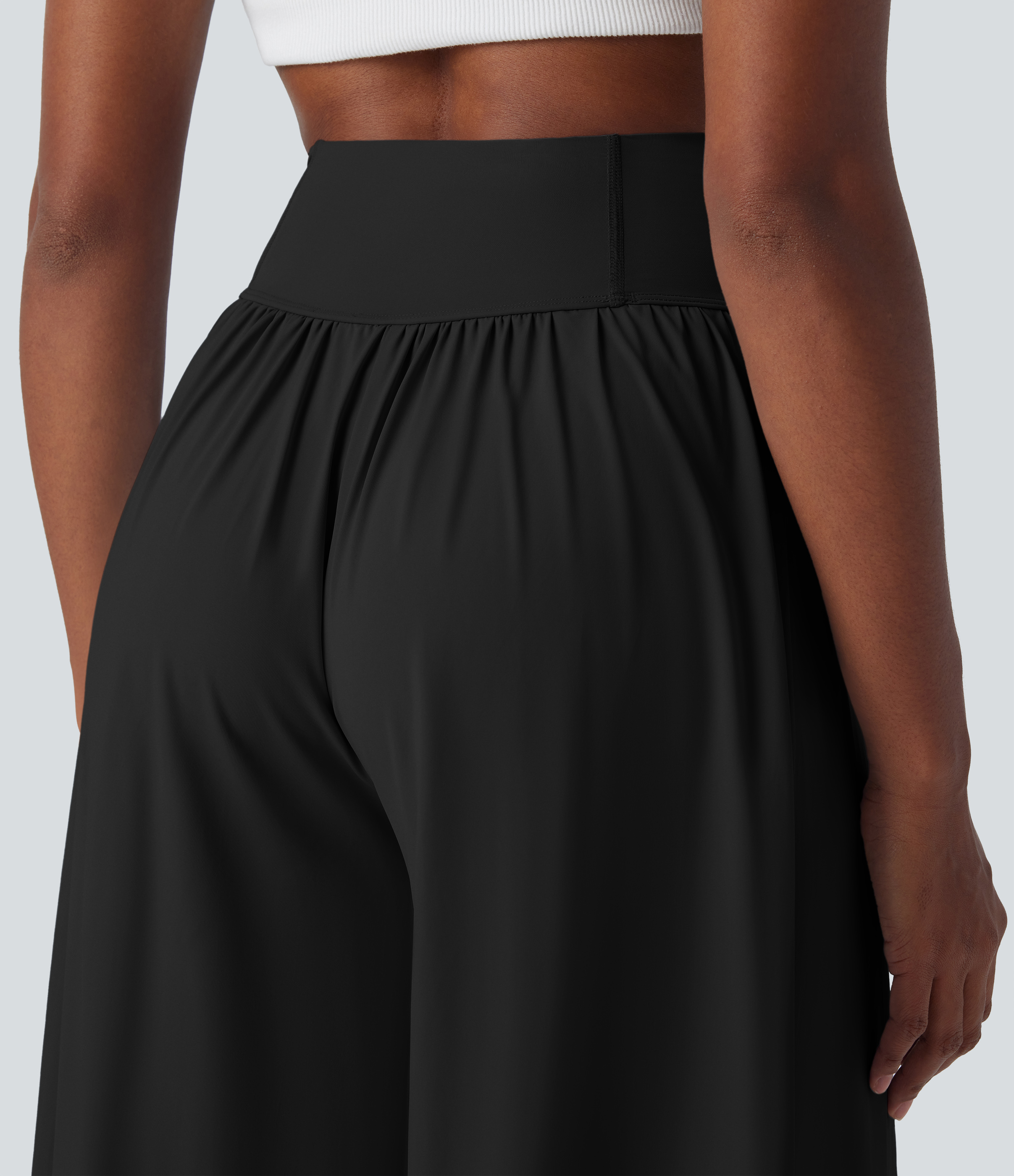 Halara High Waisted Back Waistband Pocket Palazzo Flowy Split Wide Leg Cool Touch Casual Pants  - Black - L(regular) 