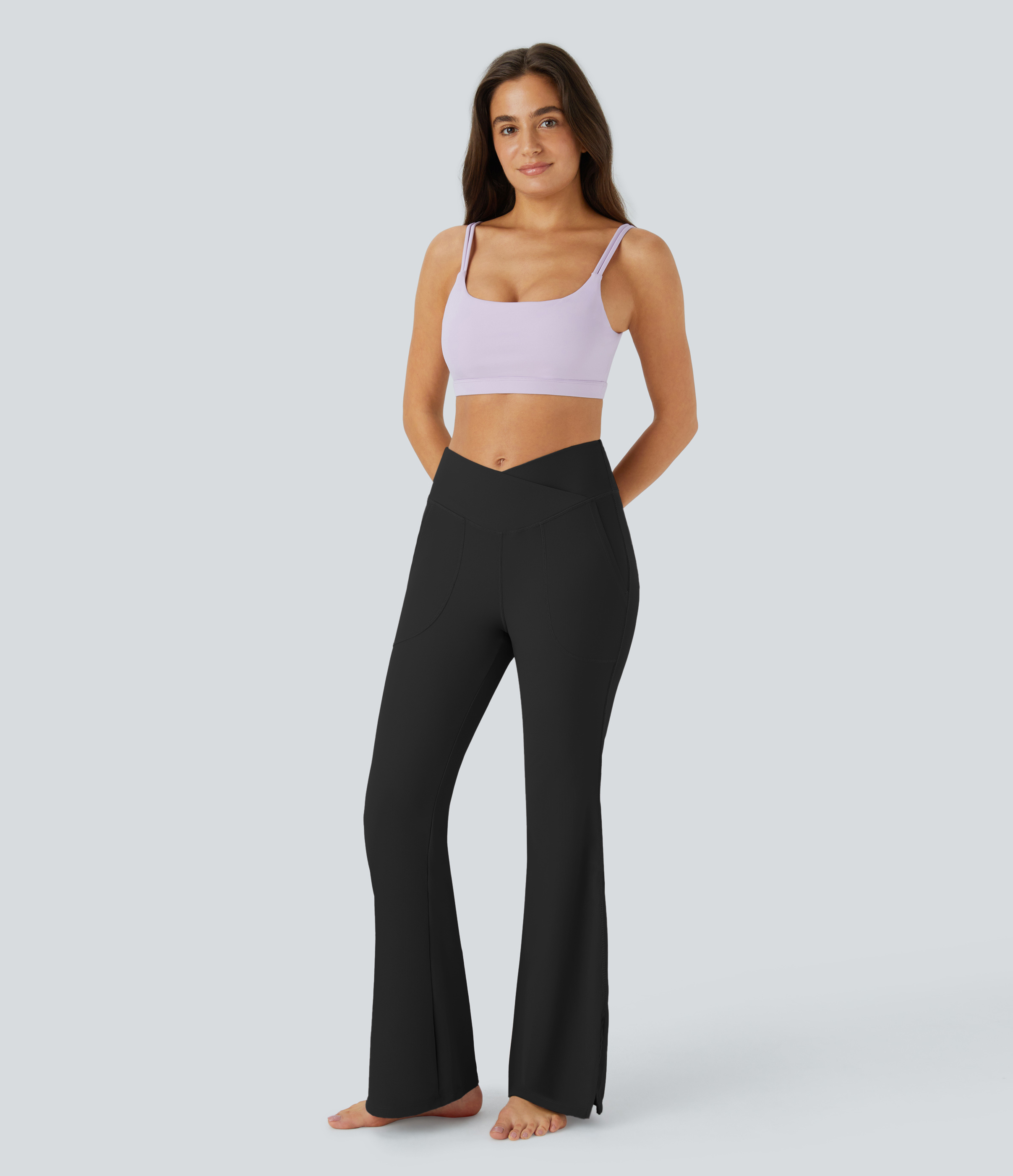 Halara PatitoffВ® Flow Pet Hair Resistant Crossover Pocket Split Hem Yoga Flare Leggings-Smile  - Black - M gym leggings leggings with pockets 