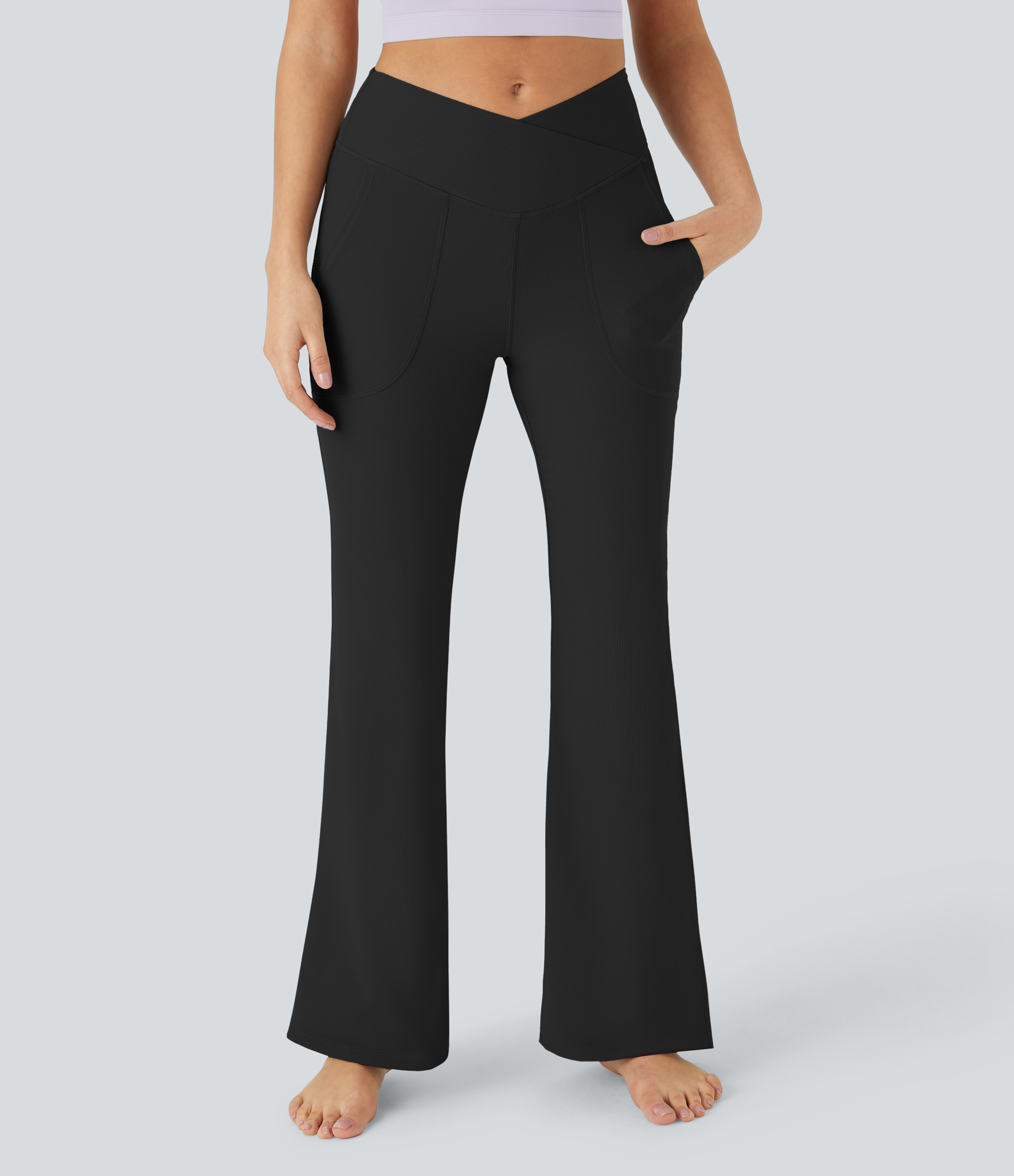Halara PatitoffВ® Flow Pet Hair Resistant Crossover Pocket Split Hem Yoga Flare Leggings-Smile  - Black - M gym leggings leggings with pockets 