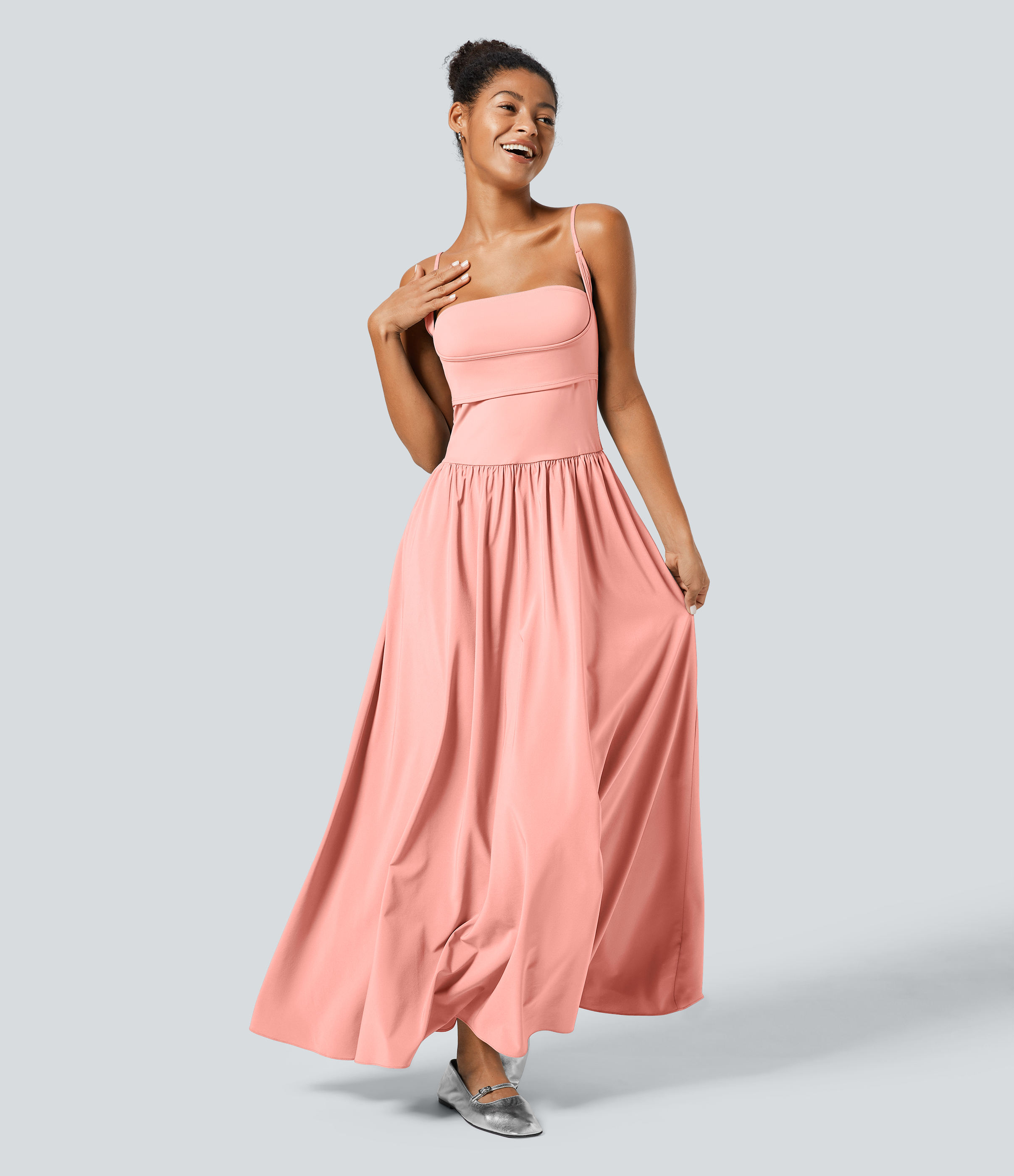 Halara Breezefulв„ў Backless Side Pocket Plicated Flowy Flare Maxi Quick Dry Casual Slip Dress Casual Dress - Blossom - XS slip dress 