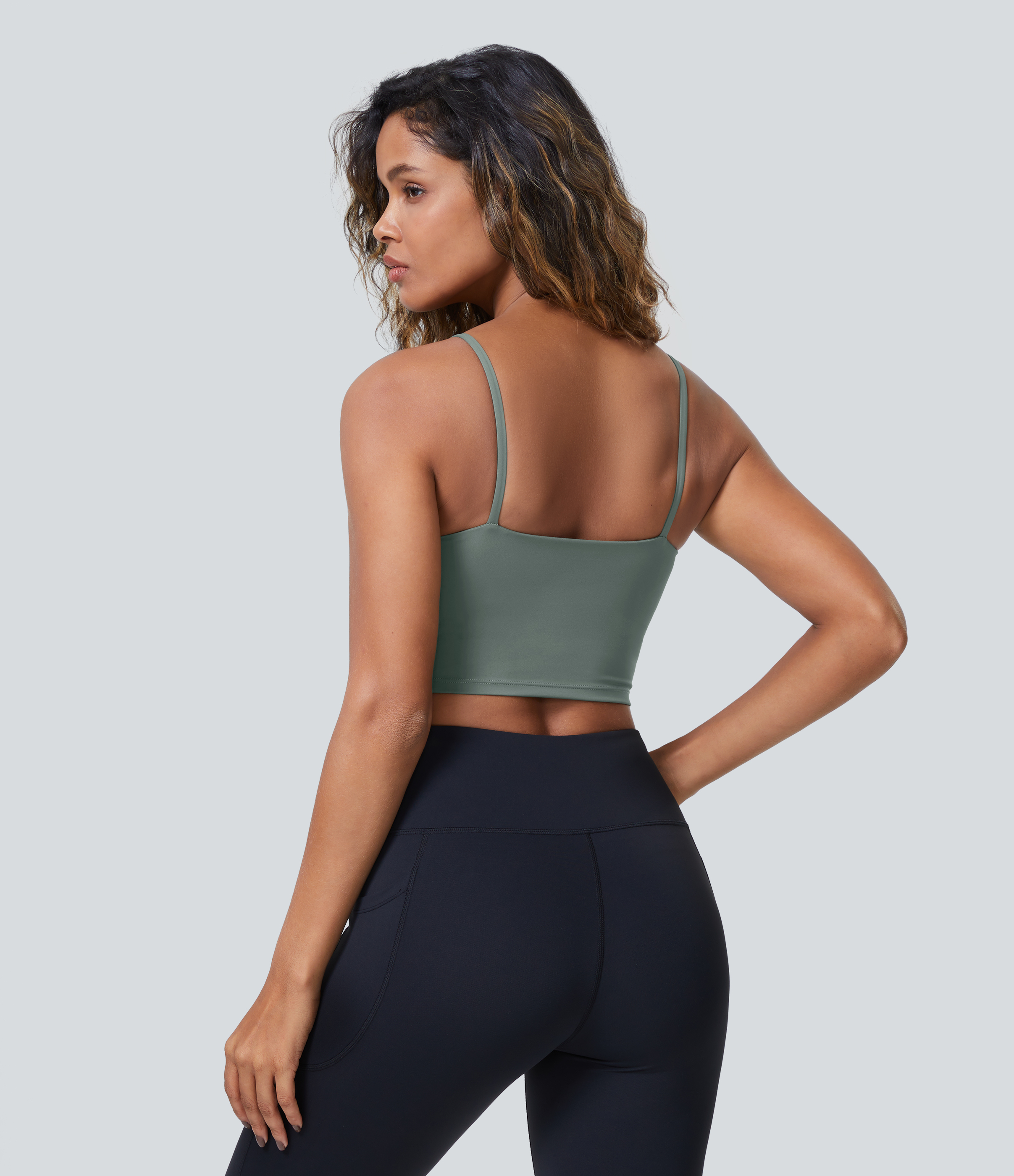 Halara PatitoffВ® 2.0 Pet Hair Resistant Padded Cropped Yoga Cami Tank Top - Washington Gray Green - M golf tops halter top tunic tops 