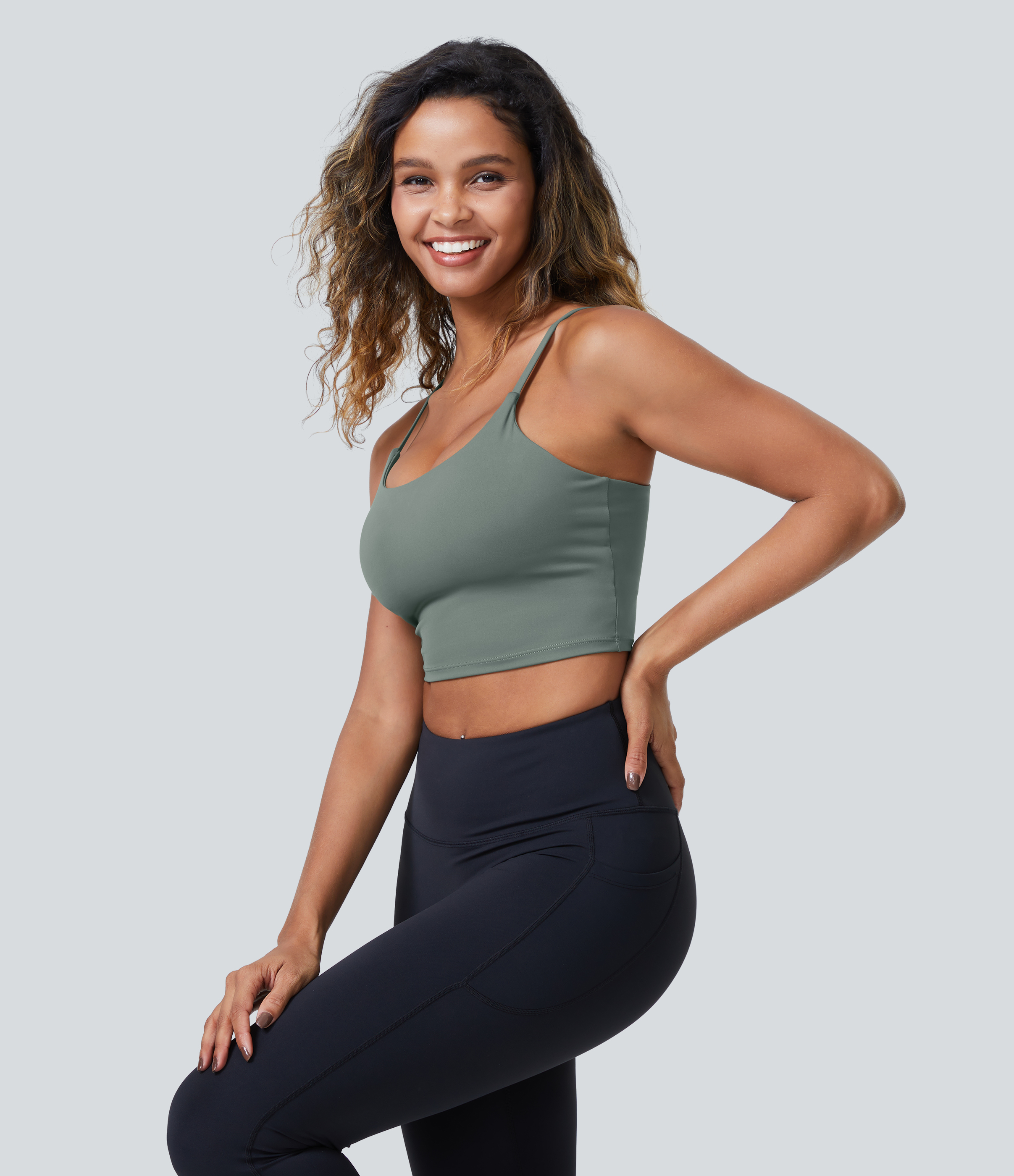 Halara PatitoffВ® 2.0 Pet Hair Resistant Padded Cropped Yoga Cami Tank Top - Washington Gray Green - M golf tops halter top tunic tops 