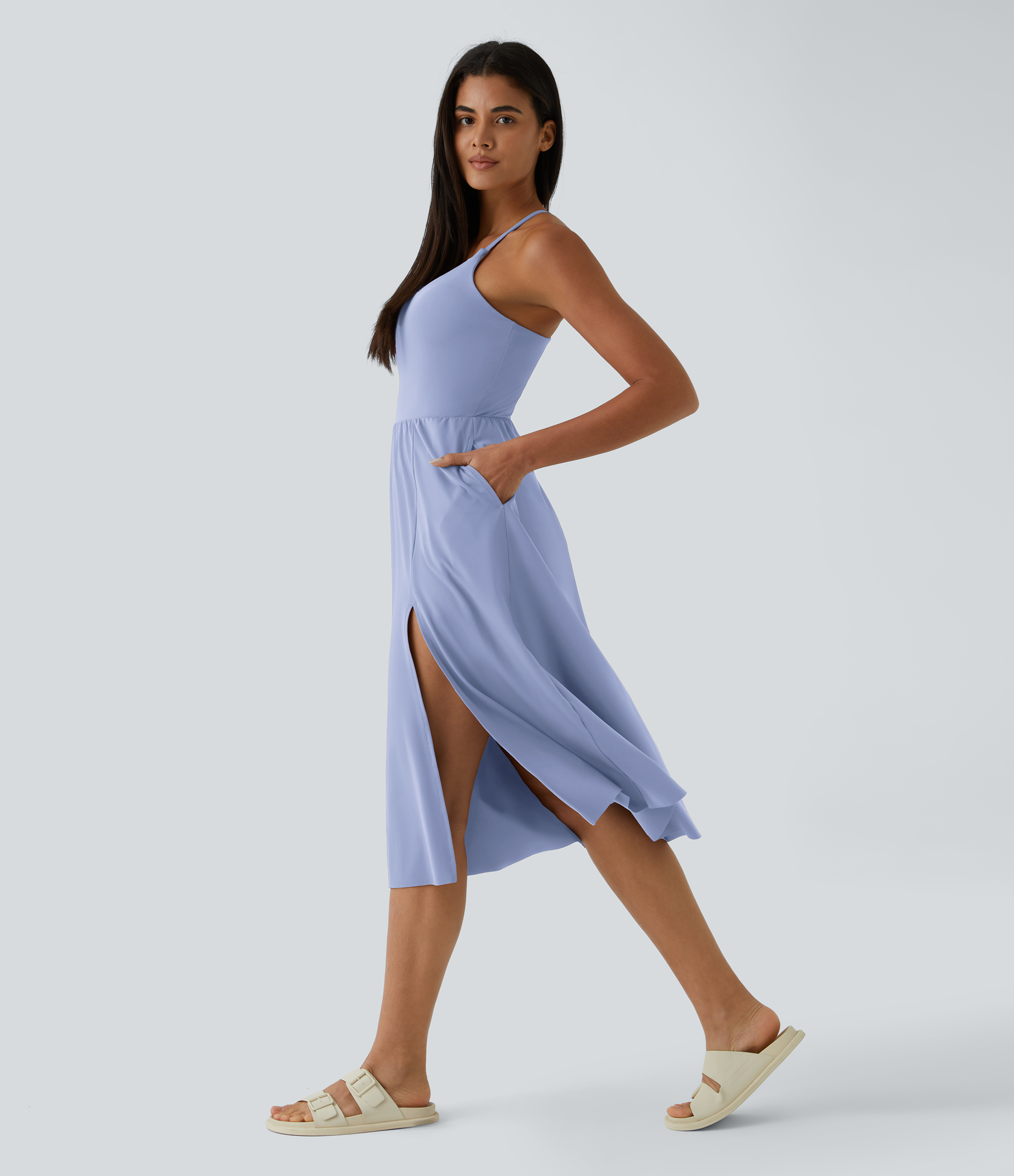 Halara Everyday Midi Chill Dress-La Land Casual Dress - Blue Heron - XS slip dress beach dress ruched dress halter dress exercise dress 
