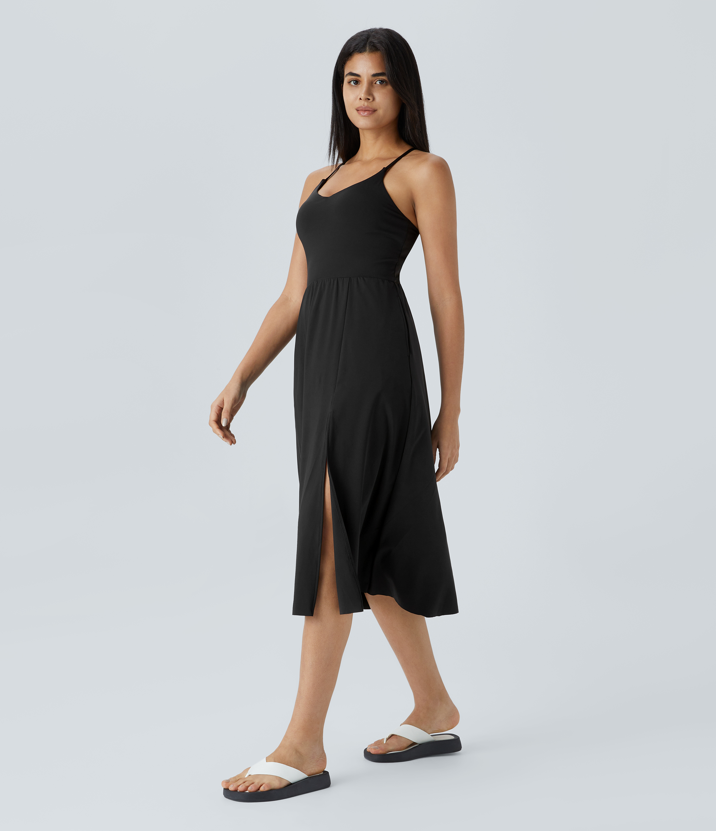 Halara Everyday Midi Chill Dress-La Land Casual Dress - Black - XL slip dress beach dress ruched dress halter dress exercise dress 