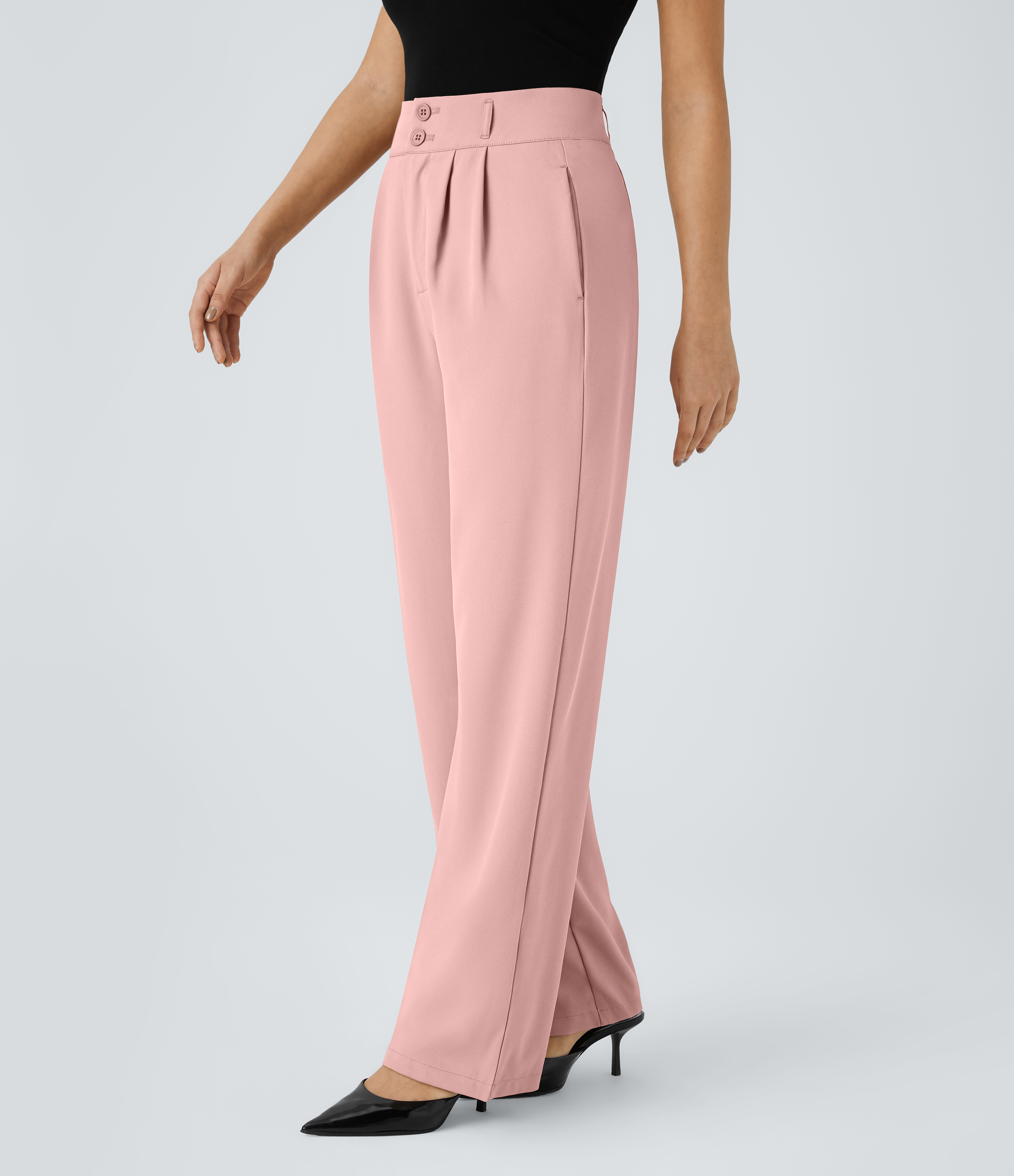 Halara High Waisted Button Zipper Side Pocket Shirred Straight Leg Work Pants  - Peachskin - L(petite) sweatpants jogger pants 