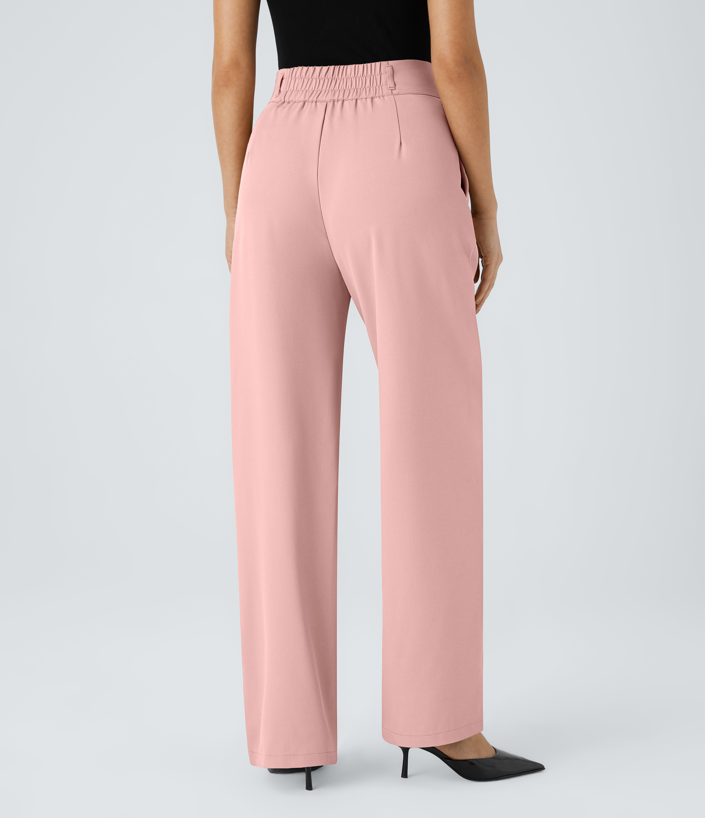 Halara High Waisted Button Zipper Side Pocket Shirred Straight Leg Work Pants  - Peachskin - L(petite) sweatpants jogger pants 
