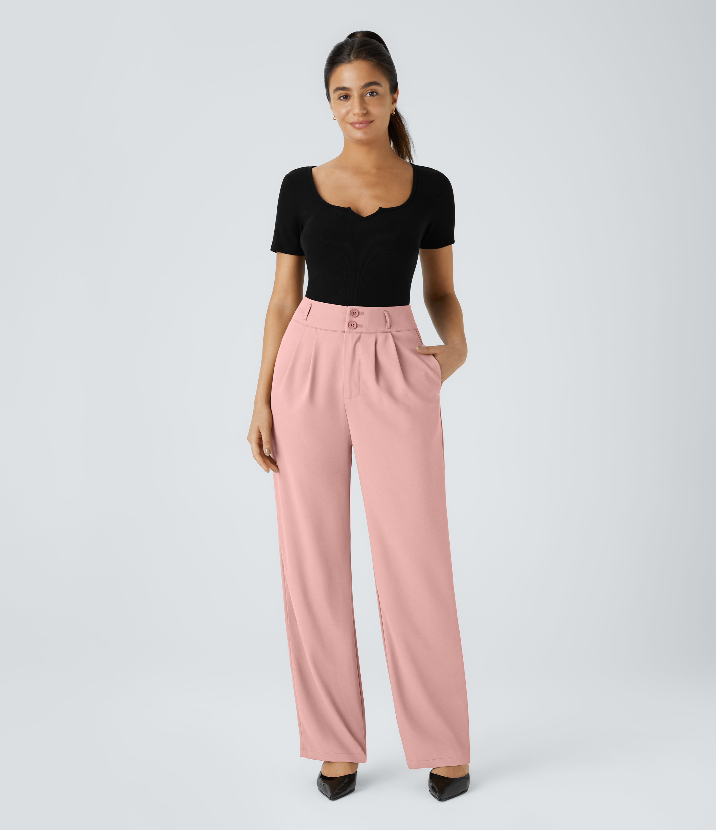 Halara High Waisted Button Zipper Side Pocket Shirred Straight Leg Work Pants  - Peachskin - L(petite) sweatpants jogger pants 