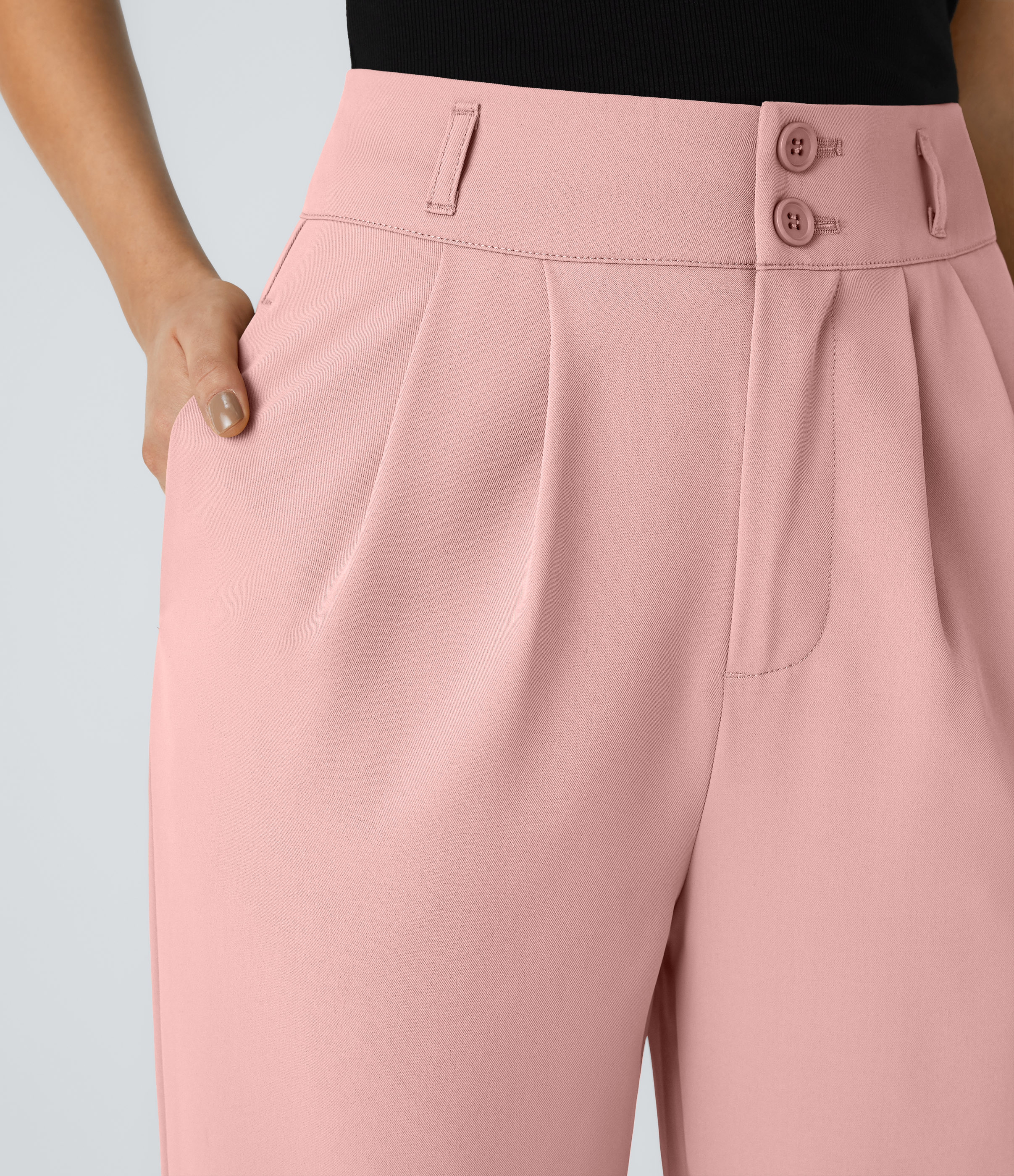 Halara High Waisted Button Zipper Side Pocket Shirred Straight Leg Work Pants  - Peachskin - L(petite) sweatpants jogger pants 