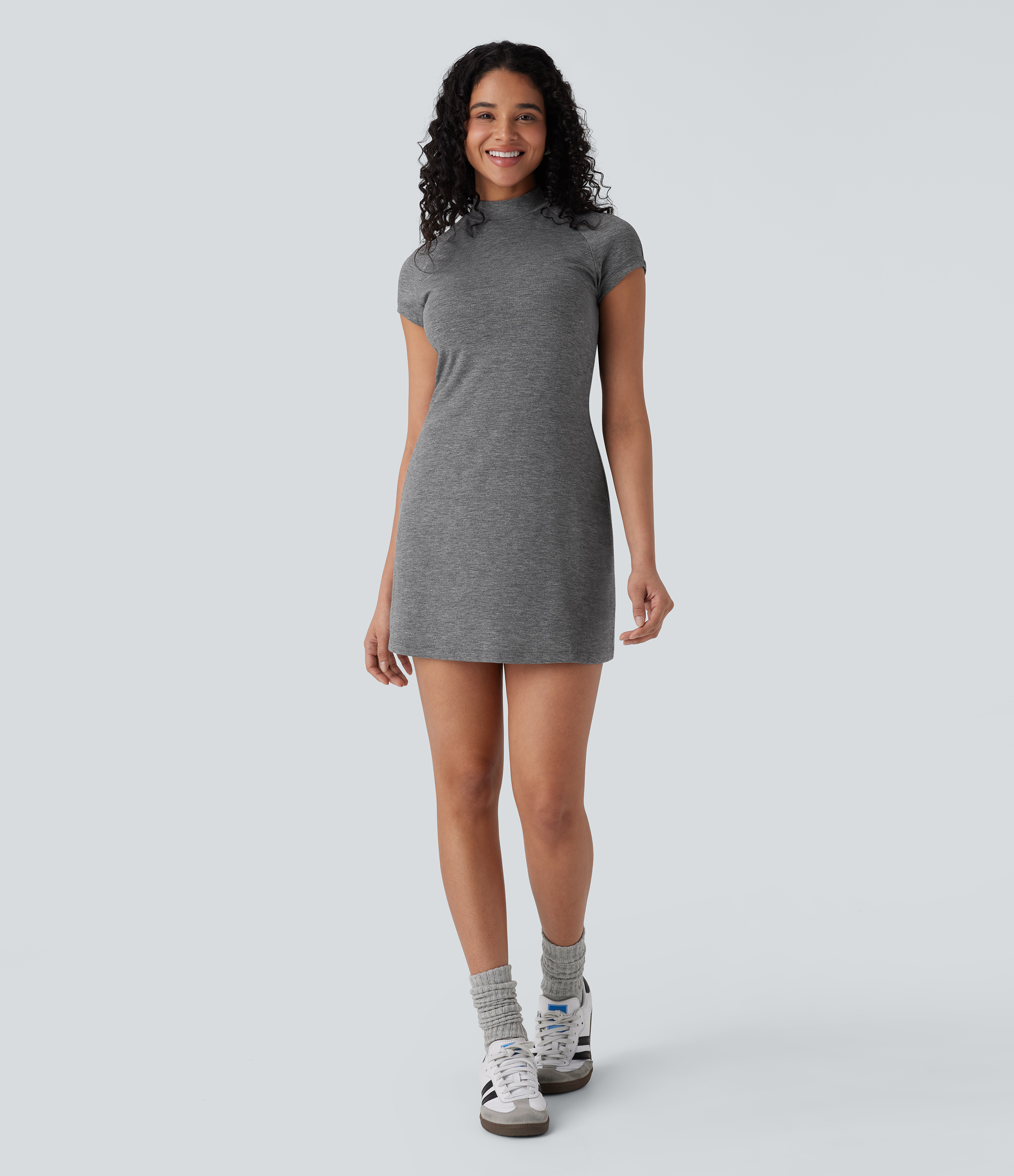 Halara Stand Collar Cap Sleeve Slim Mini Casual Dress Casual Dress - Darl Gray Floral Yarn - XL slip dress beach dress ruched dress 