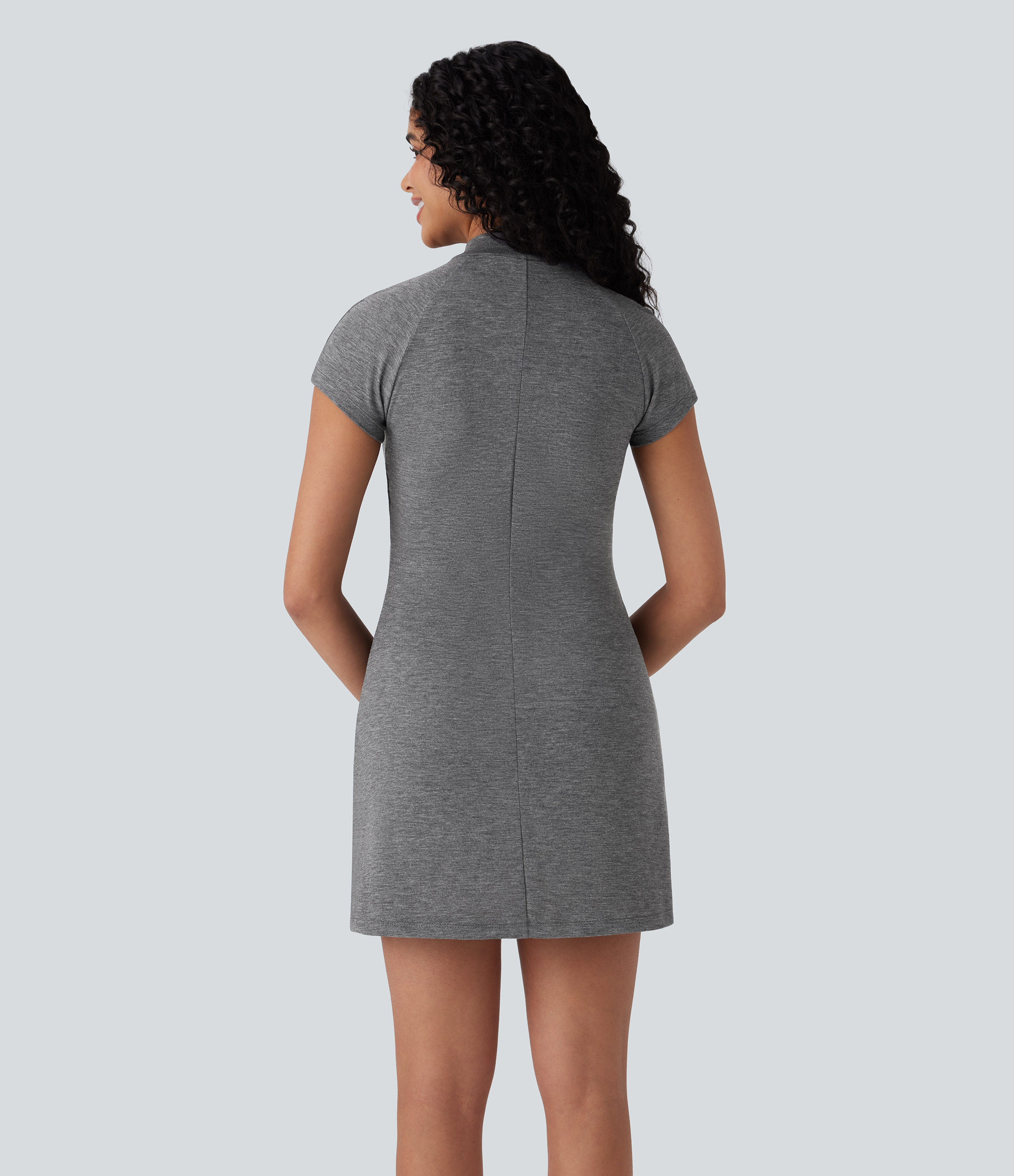Halara Stand Collar Cap Sleeve Slim Mini Casual Dress Casual Dress - Darl Gray Floral Yarn - XL slip dress beach dress ruched dress 