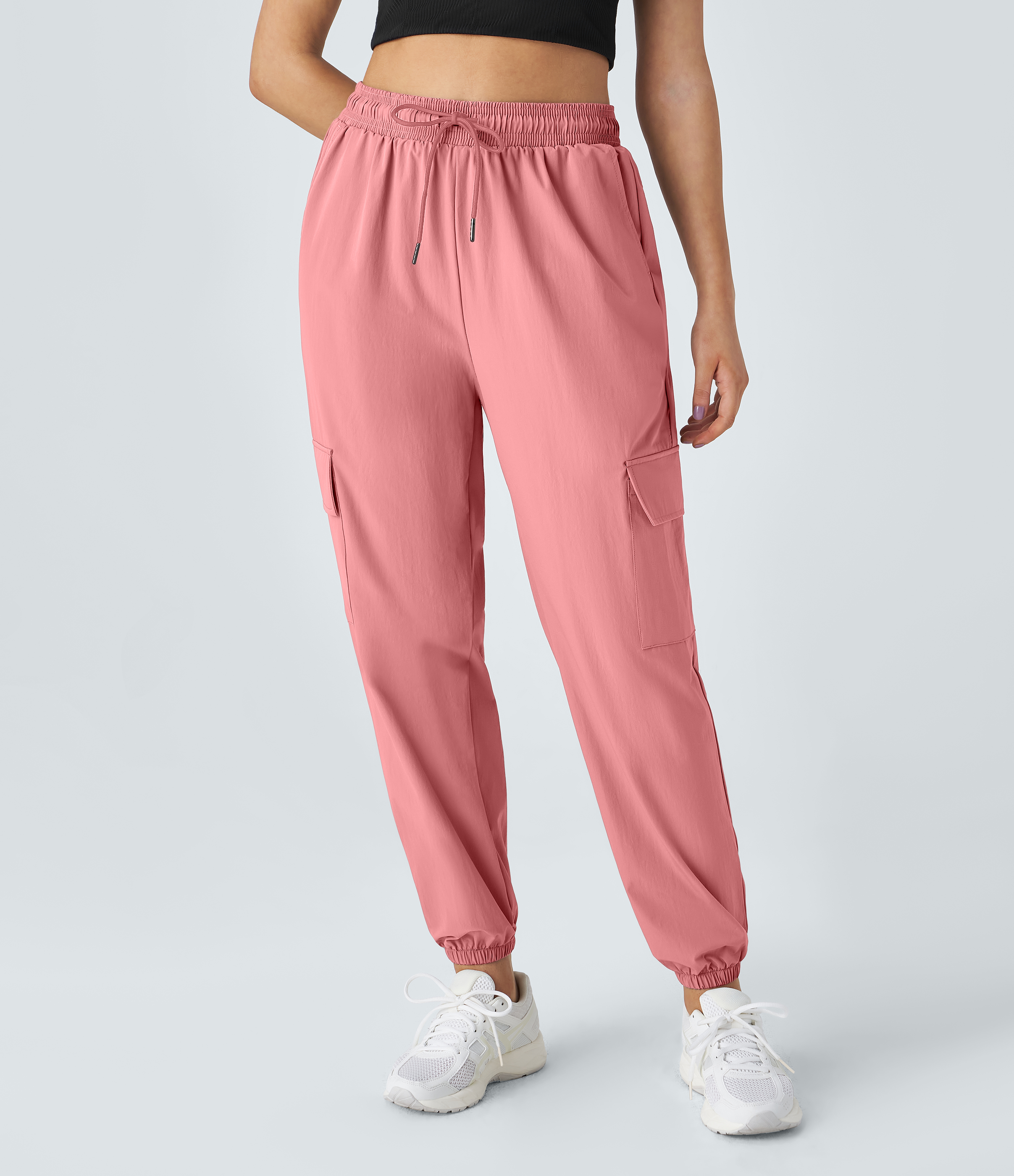 Halara Mid Rise Drawstring Side Pocket Casual Cargo Joggers  - Peach Blossom - M 