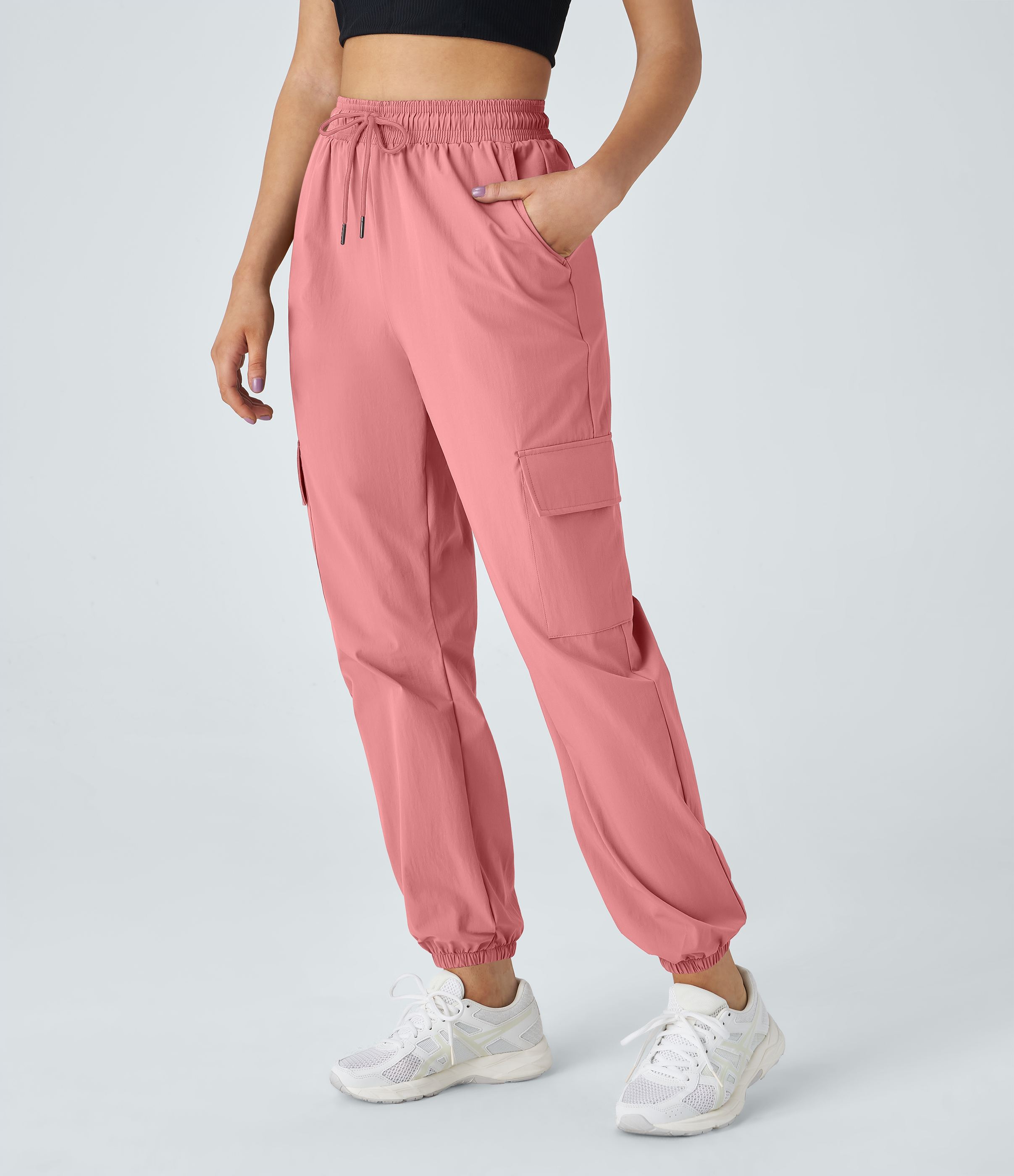 Halara Mid Rise Drawstring Side Pocket Casual Cargo Joggers  - Peach Blossom - M 