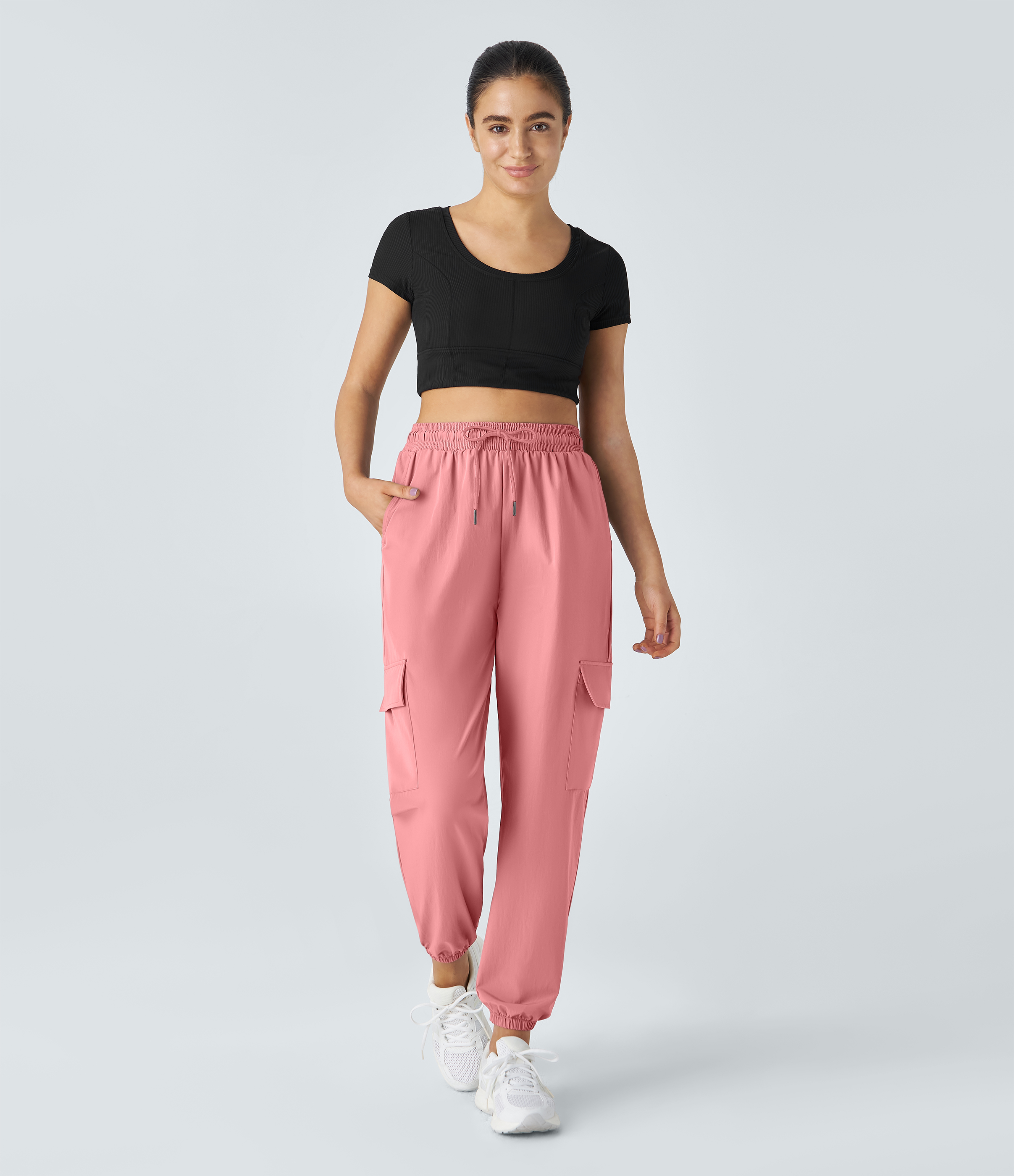 Halara Mid Rise Drawstring Side Pocket Casual Cargo Joggers  - Peach Blossom - M 