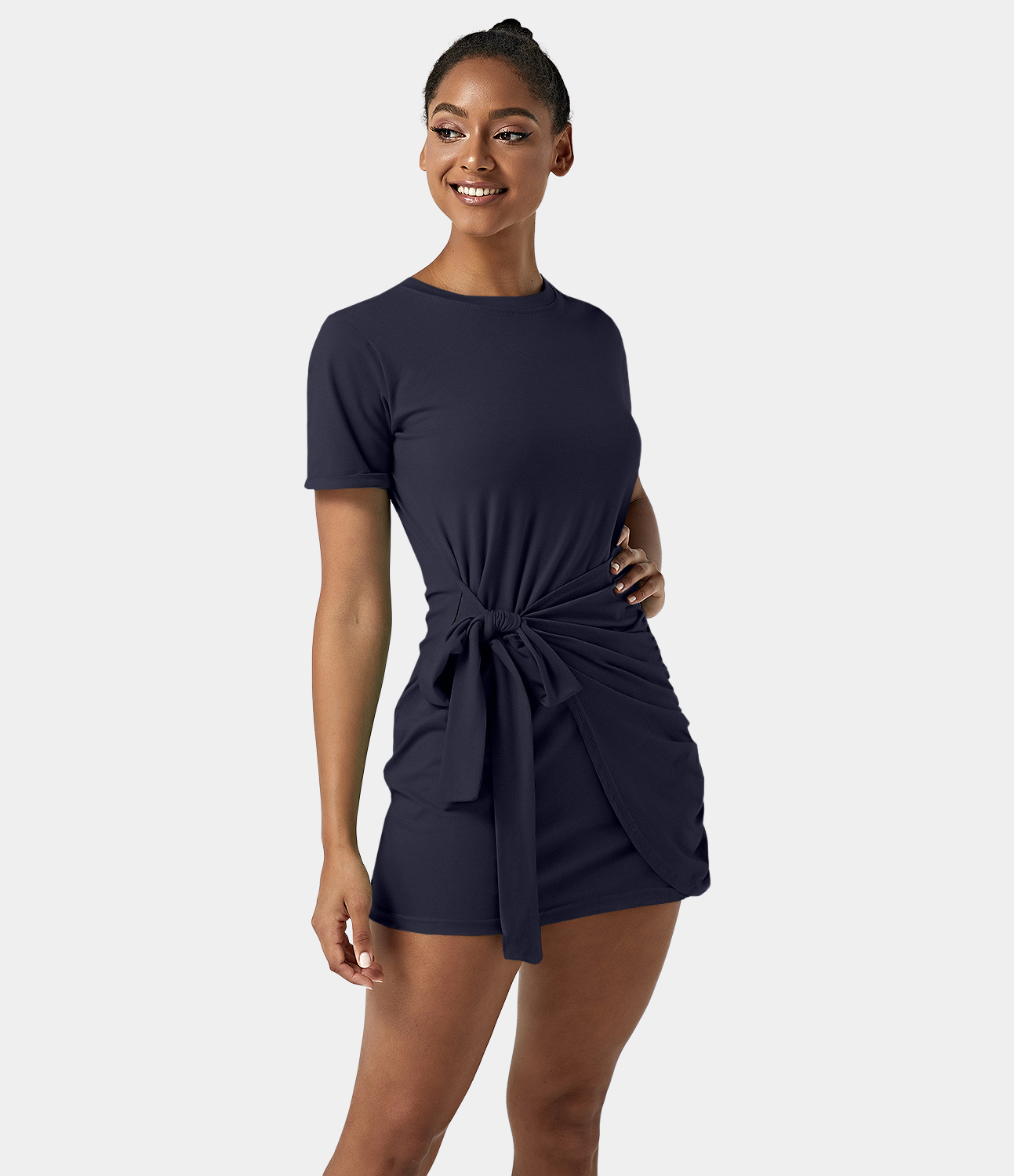 Halara Everyday Tie Knot Ruched Mini Chill Dress-Belle Casual Dress - Dark Sapphire - XL slip dress beach dress ruched dress halter dress 