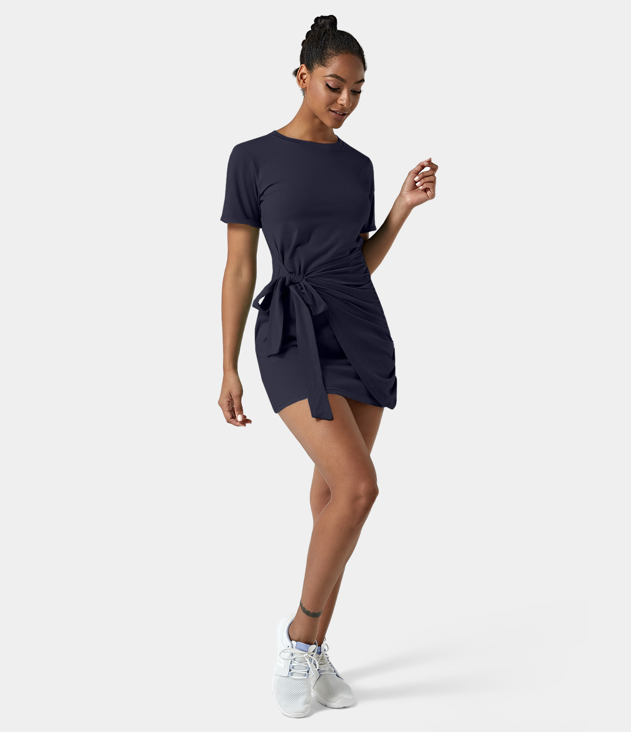 Halara Everyday Tie Knot Ruched Mini Chill Dress-Belle Casual Dress - Dark Sapphire - XL slip dress beach dress ruched dress halter dress 