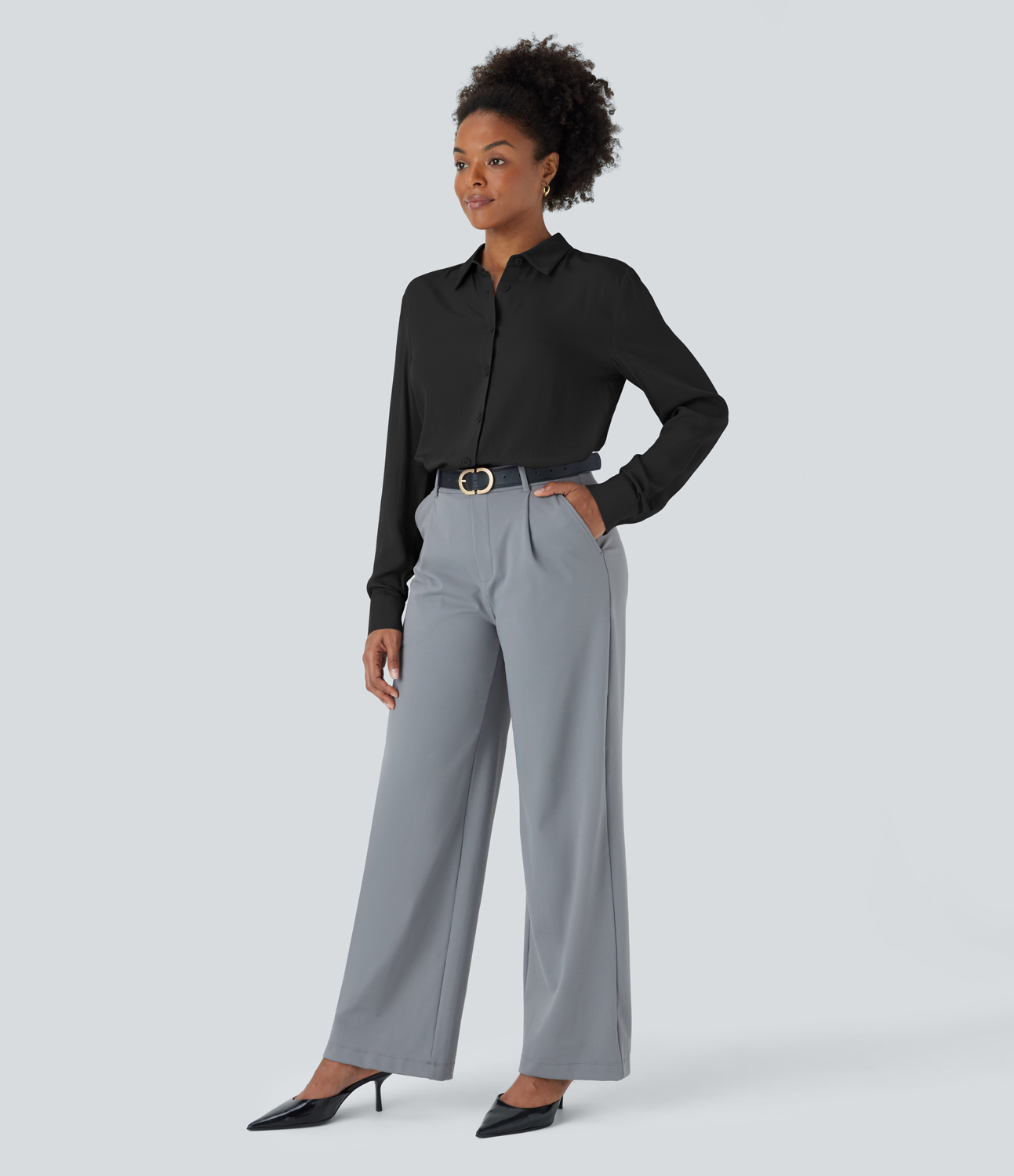Halara Collared Button Long Sleeve Work Shirt  - Black - XS 