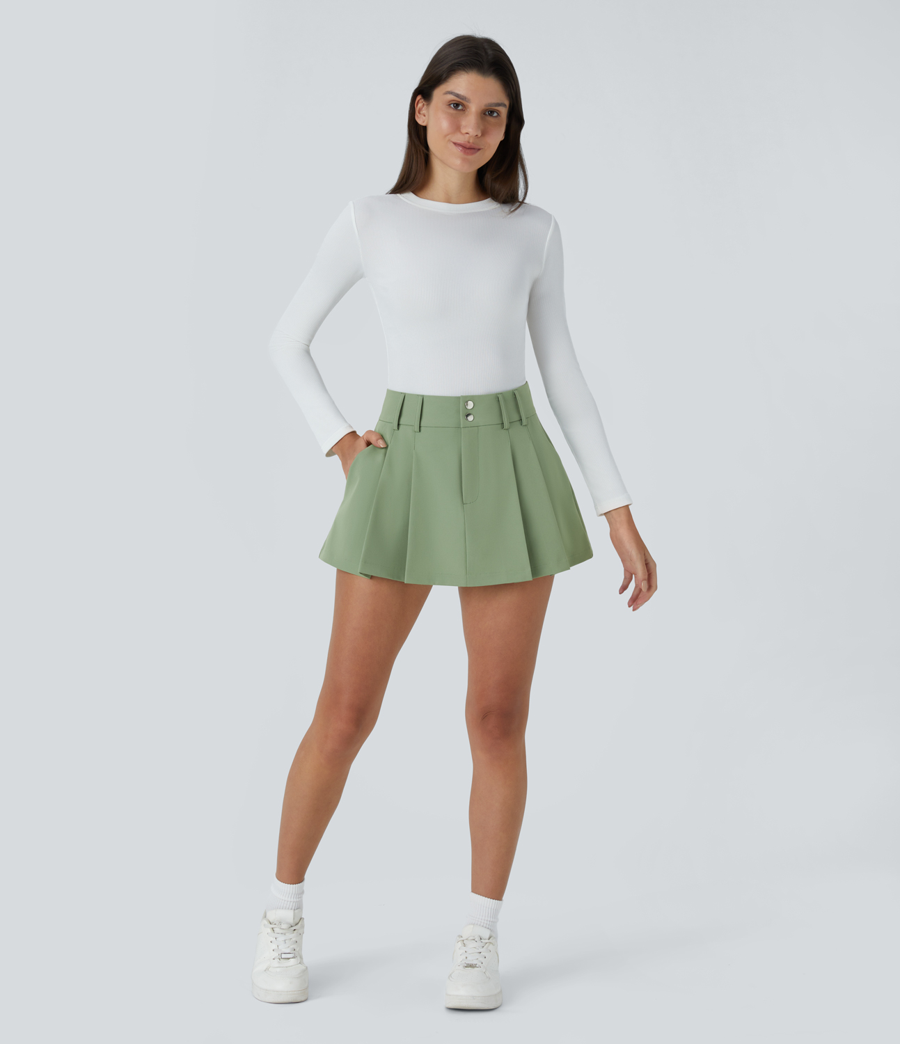 Halara High Waisted Button Zipper Side Pocket Pleated Micro Mini Casual Skirt  - Light Grass Cake Green - M(regular) 