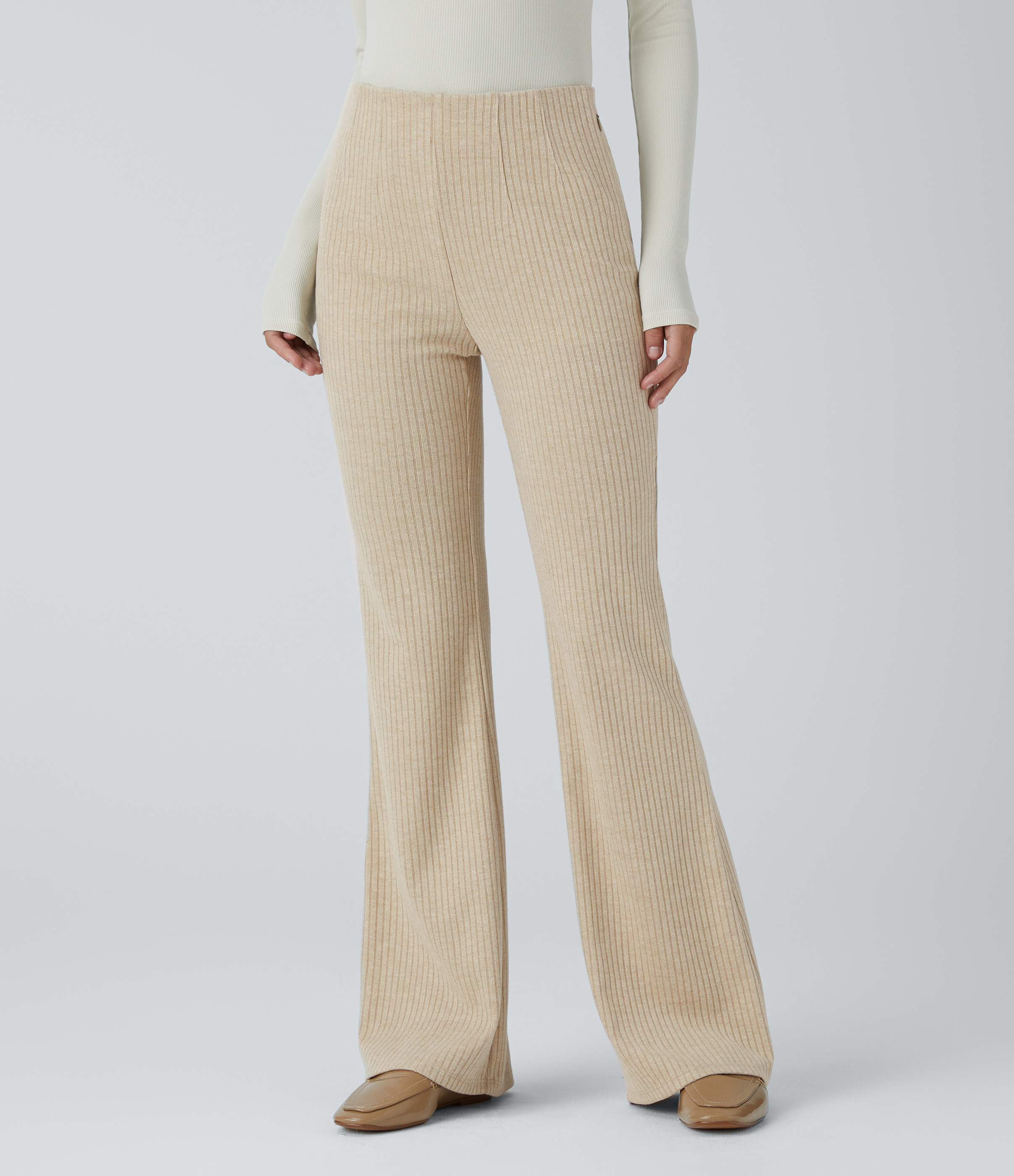 Fog Ribbed Knit High Waisted Side Zipper Pockets Casual Flare Pants / 2