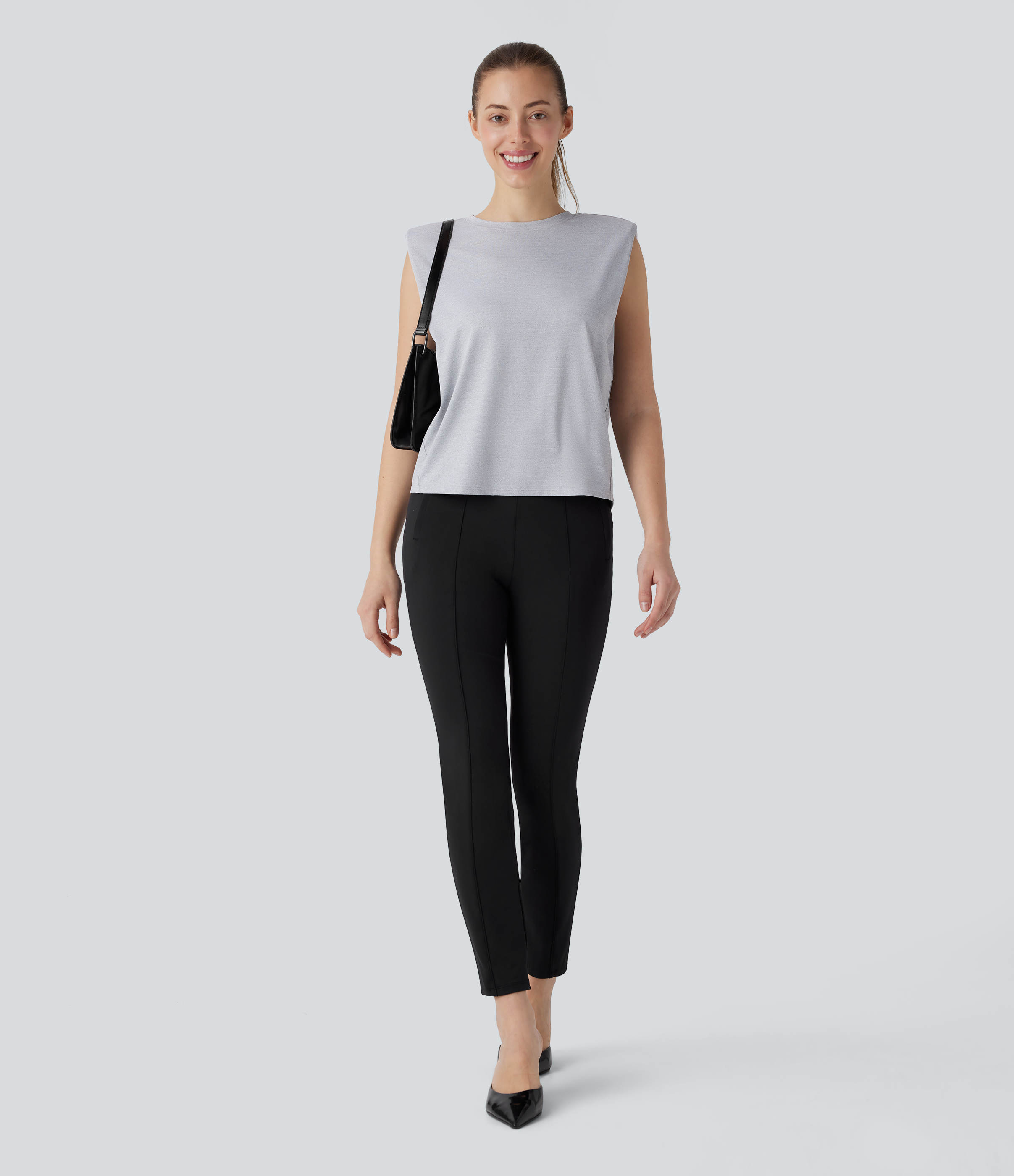 Halara Round Neck Shoulder Pads Sleeveless Work Top Tank Top - Mottled Grey - XS golf tops halter top tunic tops sleeveless tops backless top 