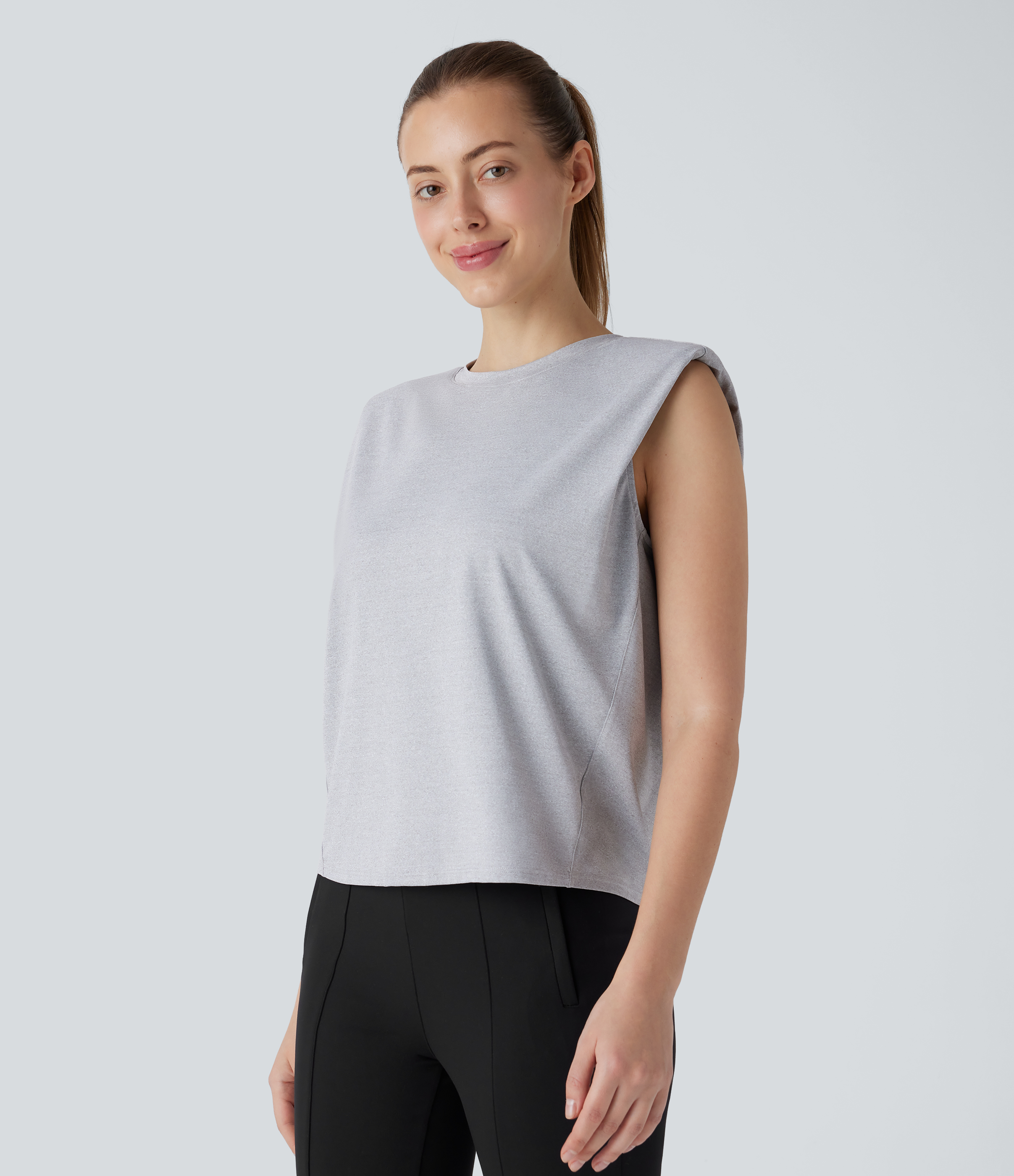 Halara Round Neck Shoulder Pads Sleeveless Work Top Tank Top - Mottled Grey - XS golf tops halter top tunic tops sleeveless tops backless top 