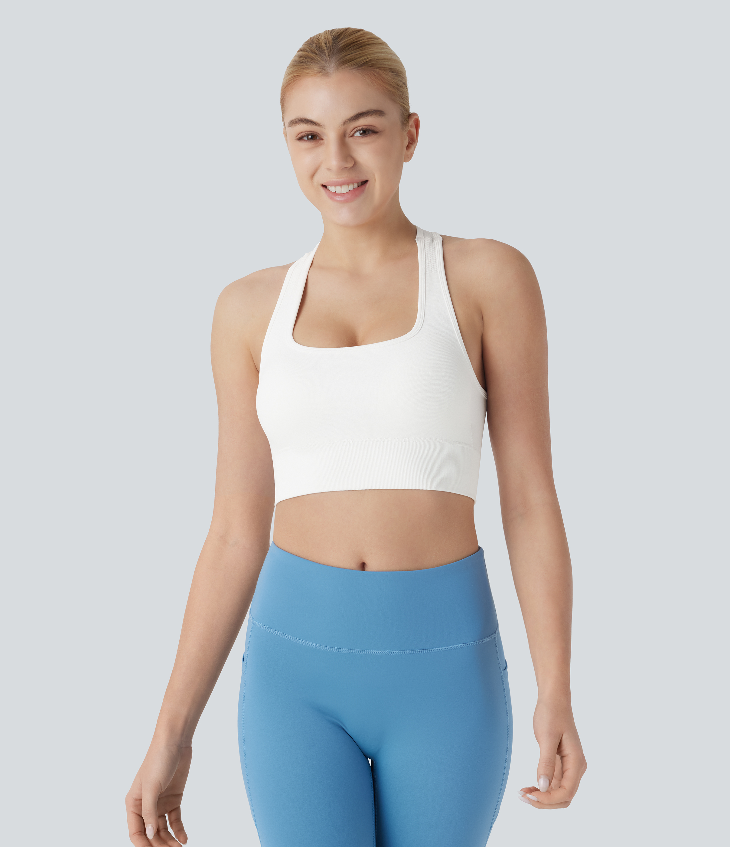 Halara Seamless Flow Square Neck Racerback Adjustable Buckle Skinny Cropped Workout Tank Top Tank Top - White - L golf tops halter top 