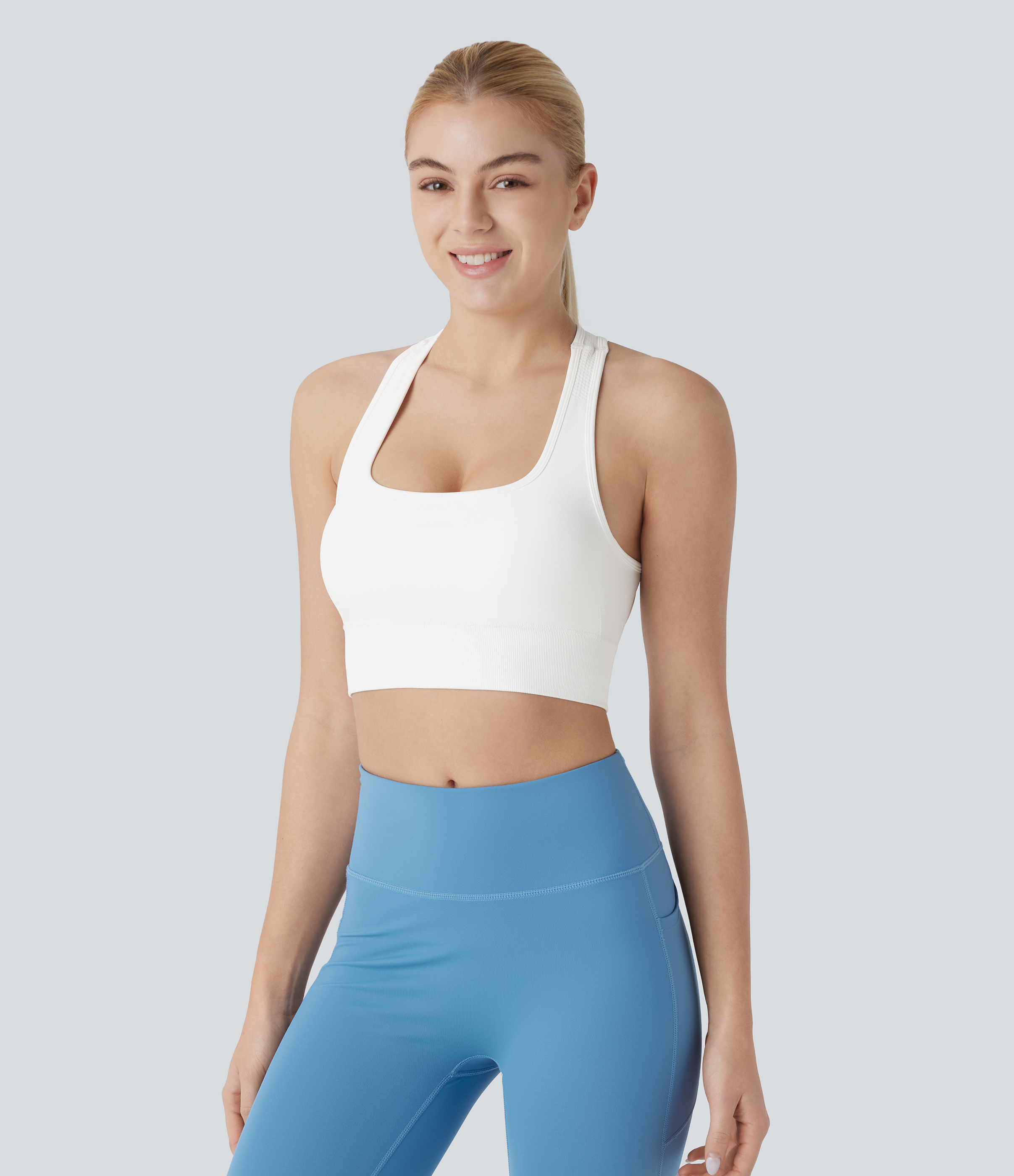 Halara Seamless Flow Square Neck Racerback Adjustable Buckle Skinny Cropped Workout Tank Top Tank Top - White - L golf tops halter top 