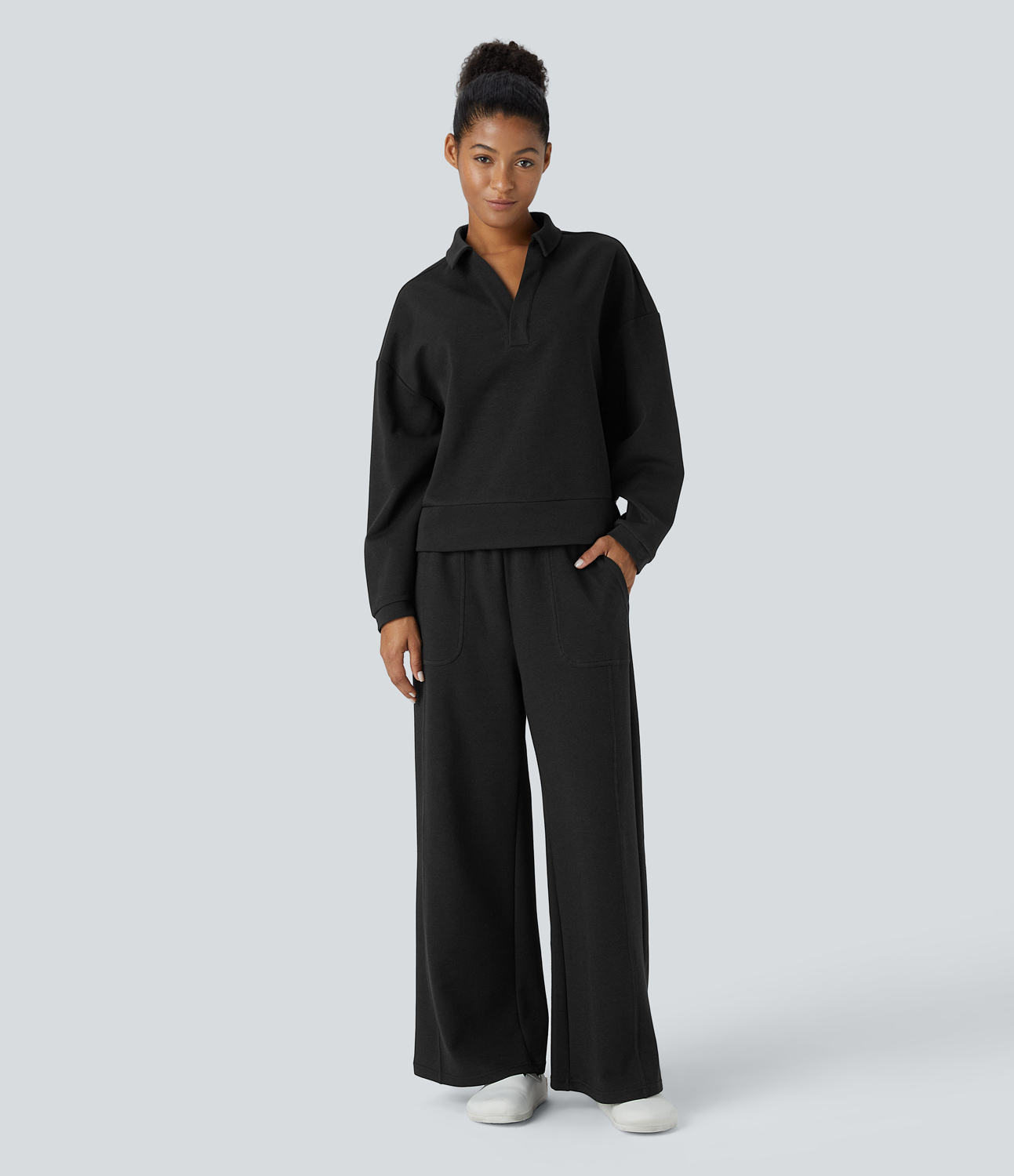Halara Polo V Neck Button Dropped Shoulder Long Sleeve Split Relaxed Casual Sweatshirt  - Black - XL 