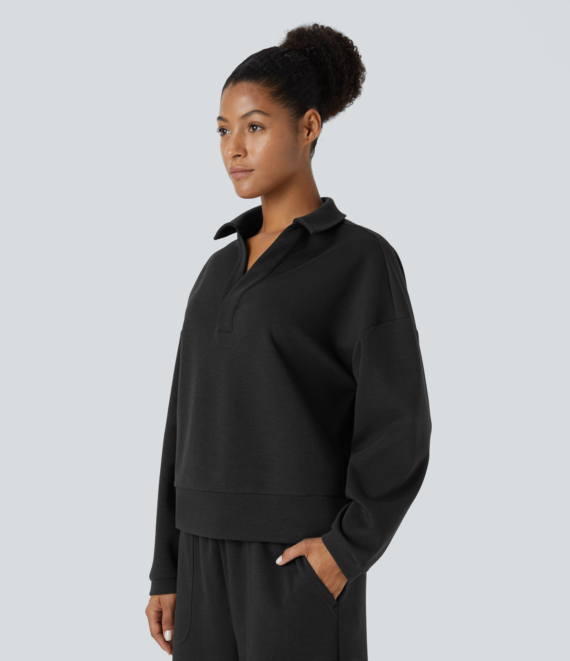 Halara Polo V Neck Button Dropped Shoulder Long Sleeve Split Relaxed Casual Sweatshirt  - Black - XL 