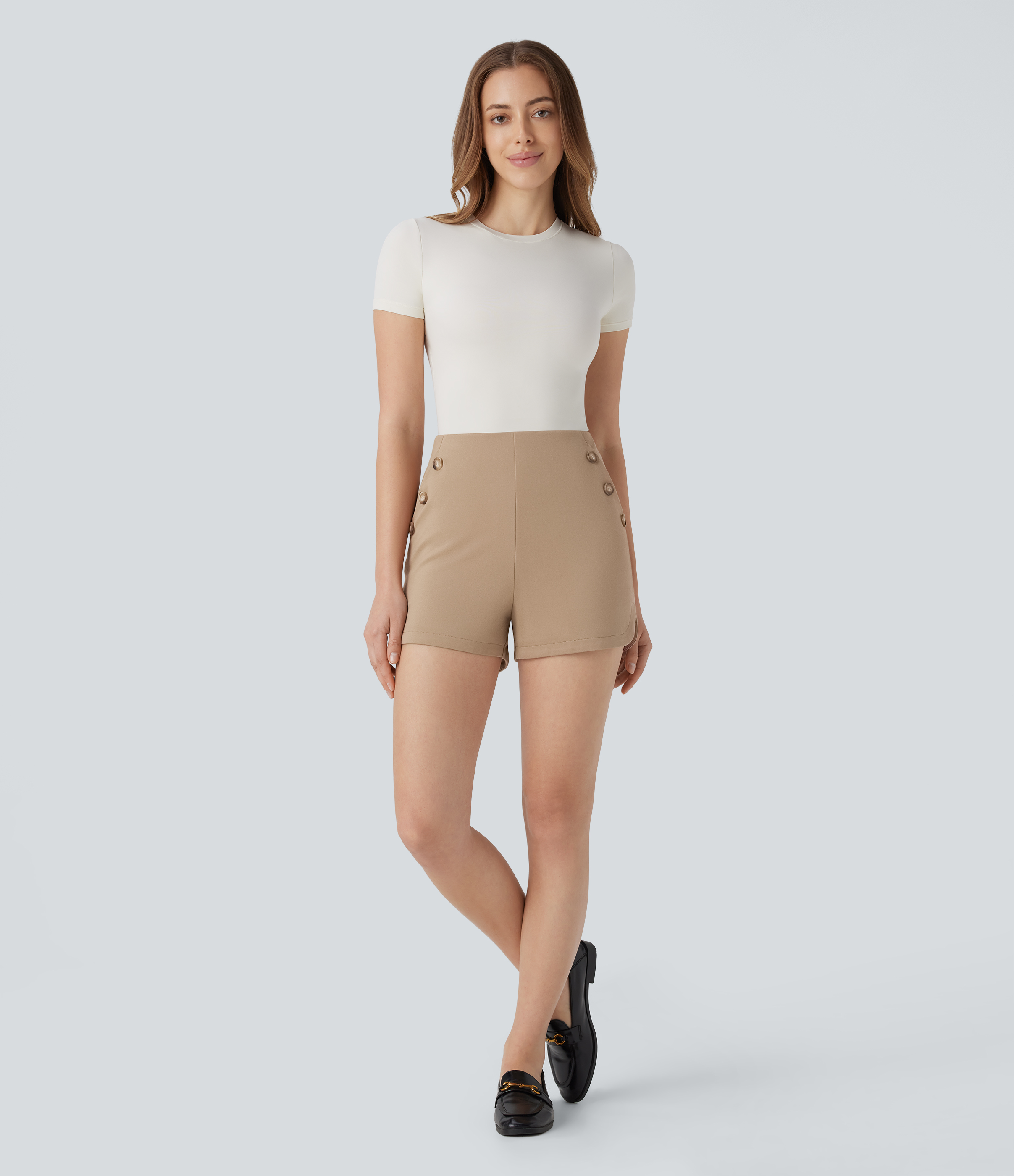Halara High Waisted Side Pocket Curved Hem Decorative Button Work Shorts  - Brush - S booty shorts compression shorts yoga shorts 
