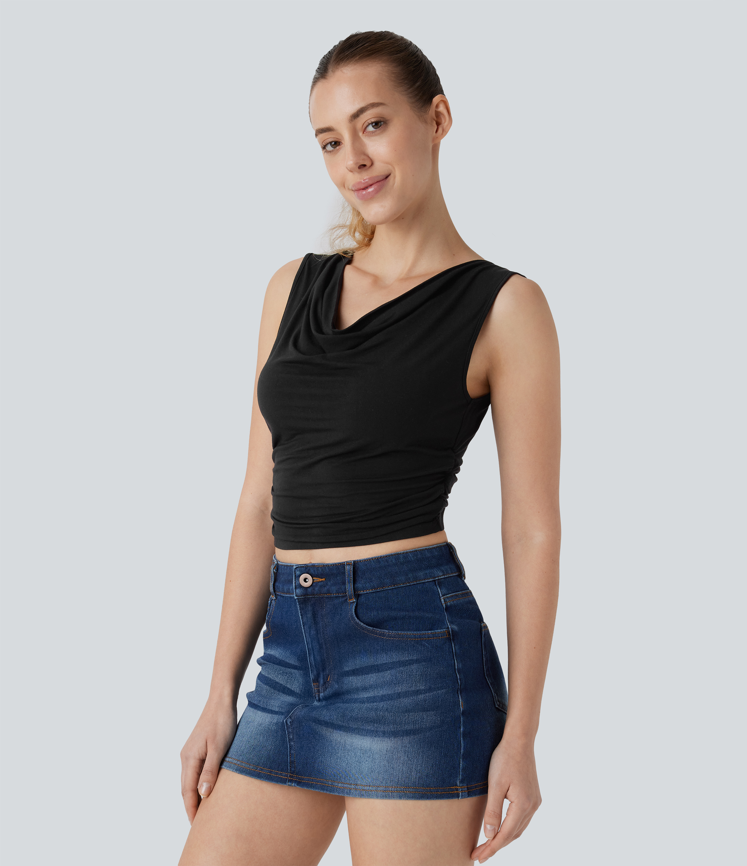Halara Cowl Neck Sleeveless Ruched Cropped Casual Top Tank Top - Black - XL golf tops halter top tunic tops sleeveless tops backless top 