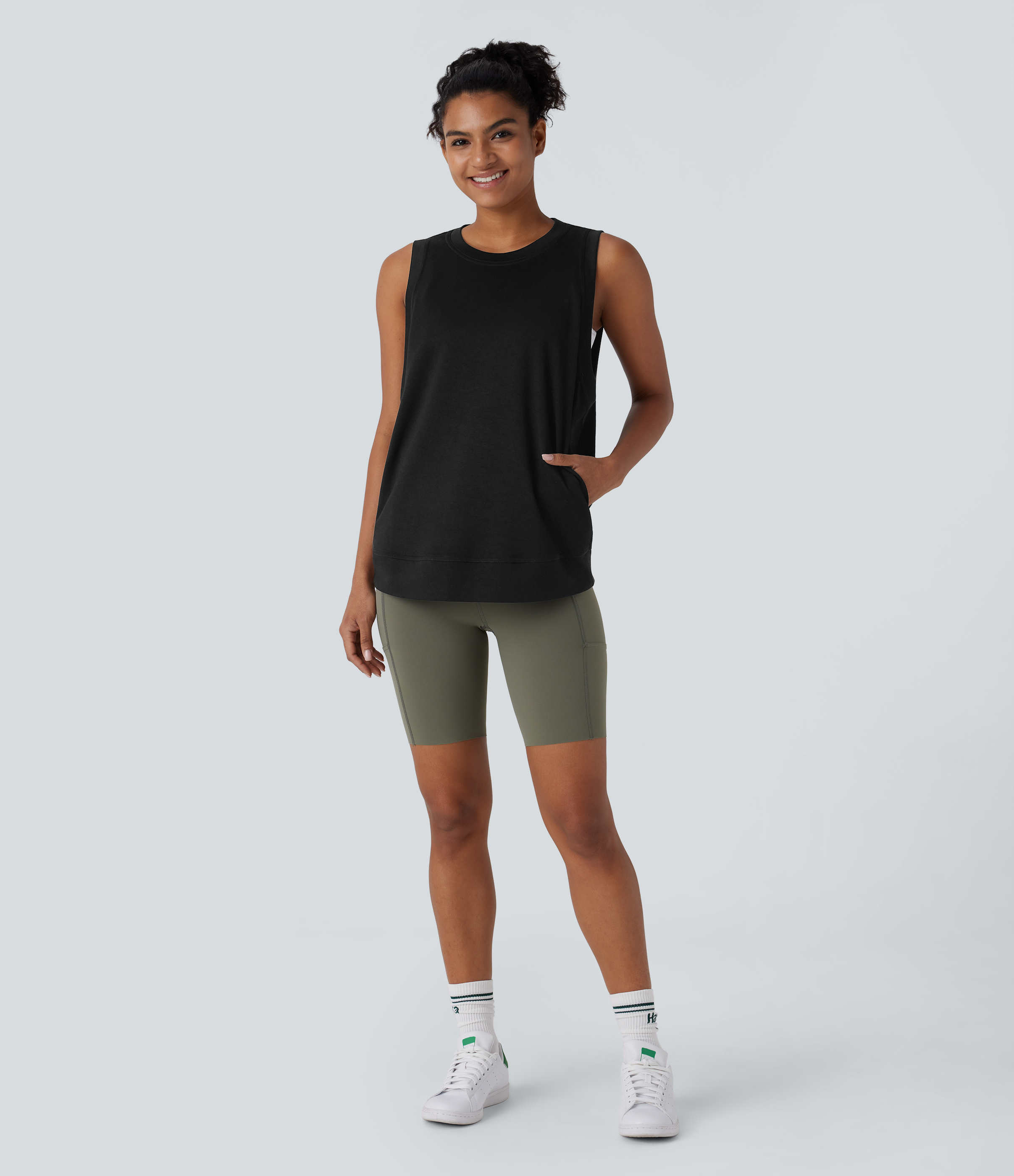 Halara Round Neck Side Pocket Casual Tank Top Tank Top - Black - S golf tops halter top tunic tops sleeveless tops backless top 