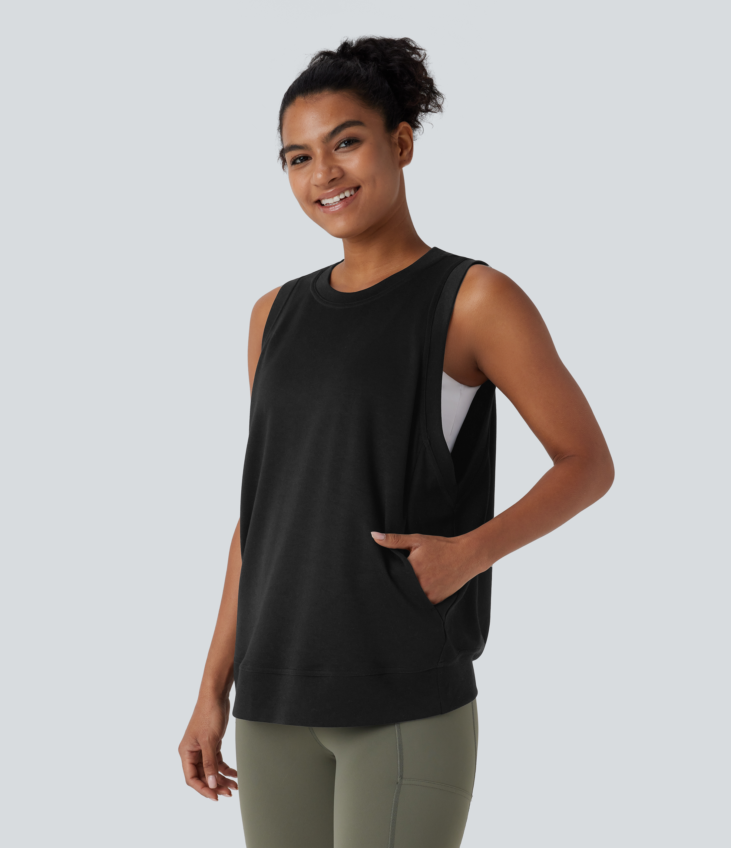 Halara Round Neck Side Pocket Casual Tank Top Tank Top - Black - S golf tops halter top tunic tops sleeveless tops backless top 
