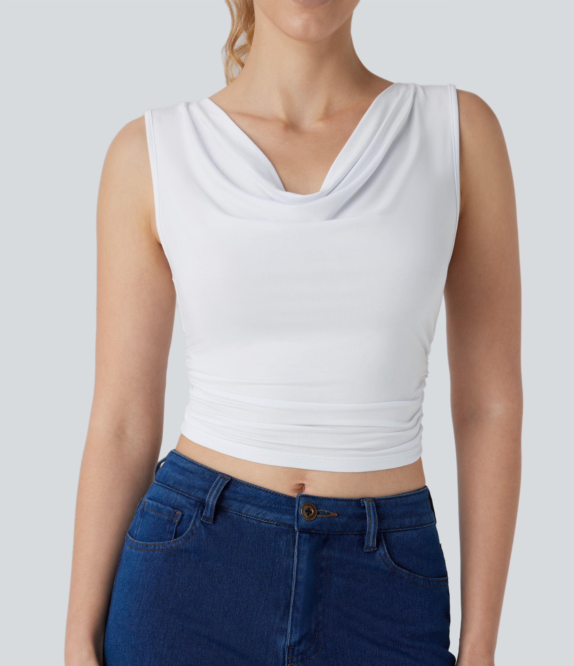 Halara Cowl Neck Sleeveless Ruched Cropped Casual Top Tank Top - White - S golf tops halter top tunic tops sleeveless tops backless top 