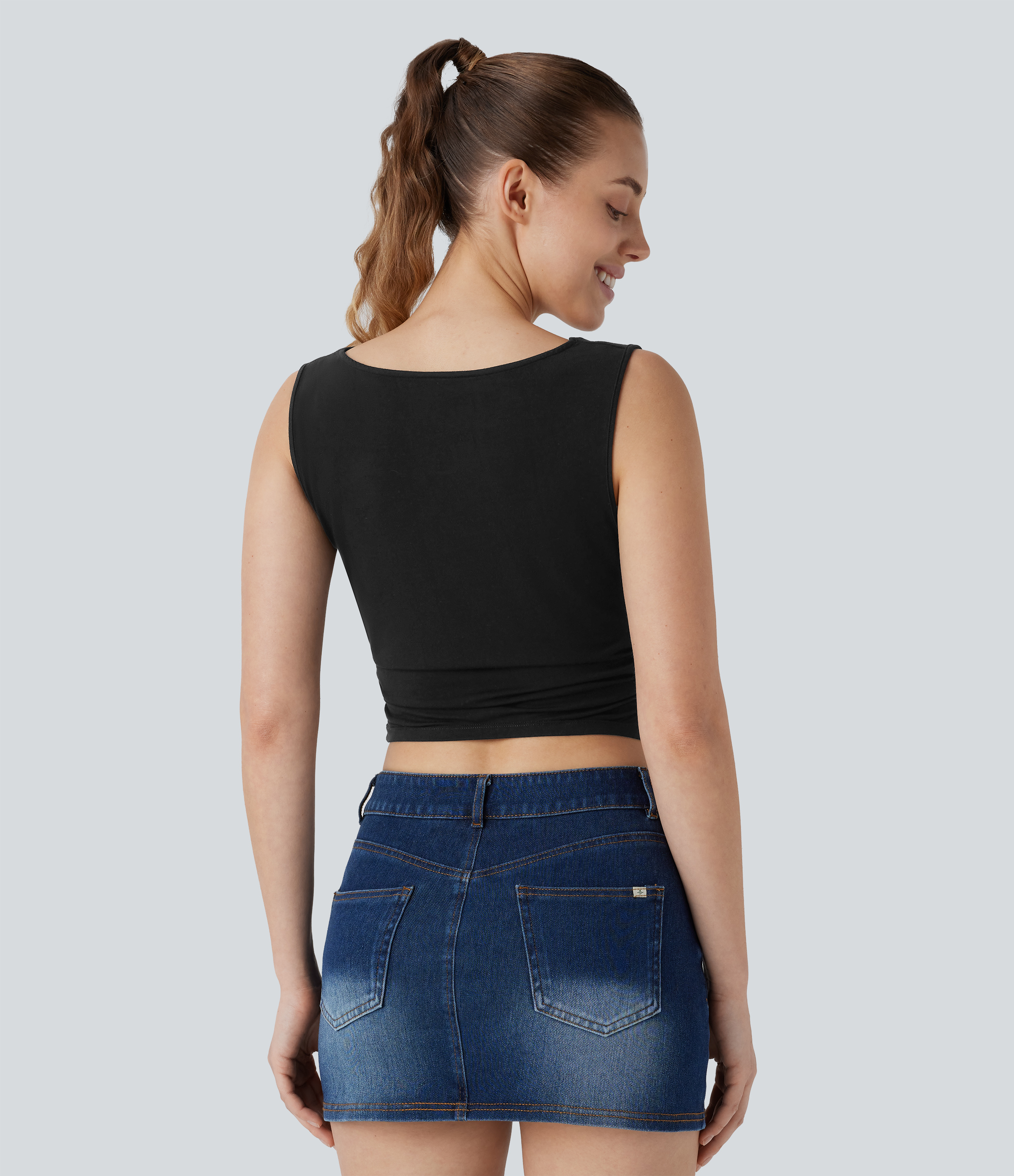 Halara Cowl Neck Sleeveless Ruched Cropped Casual Top Tank Top - Black - XL golf tops halter top tunic tops sleeveless tops backless top 
