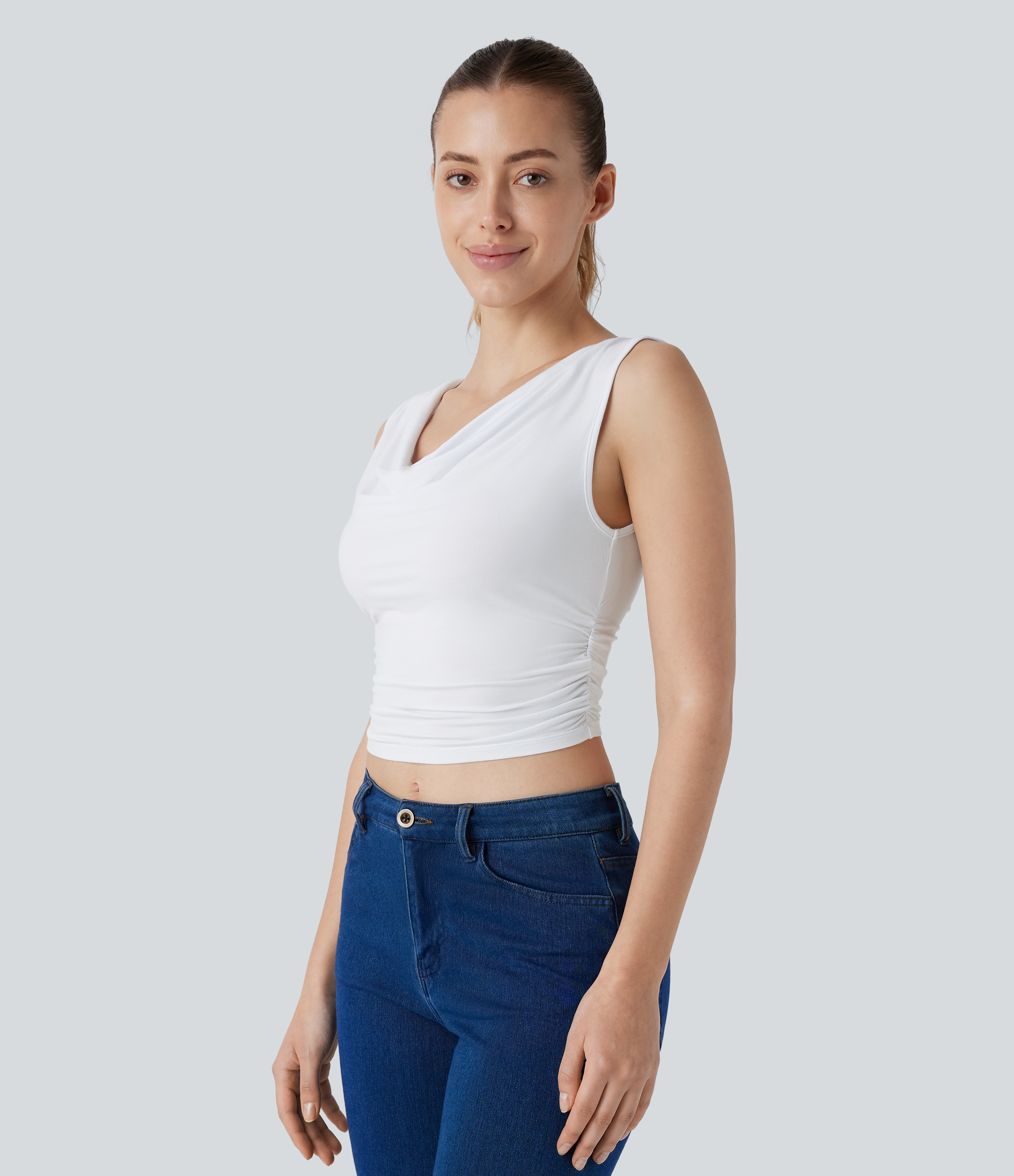 Halara Cowl Neck Sleeveless Ruched Cropped Casual Top Tank Top - White - S golf tops halter top tunic tops sleeveless tops backless top 